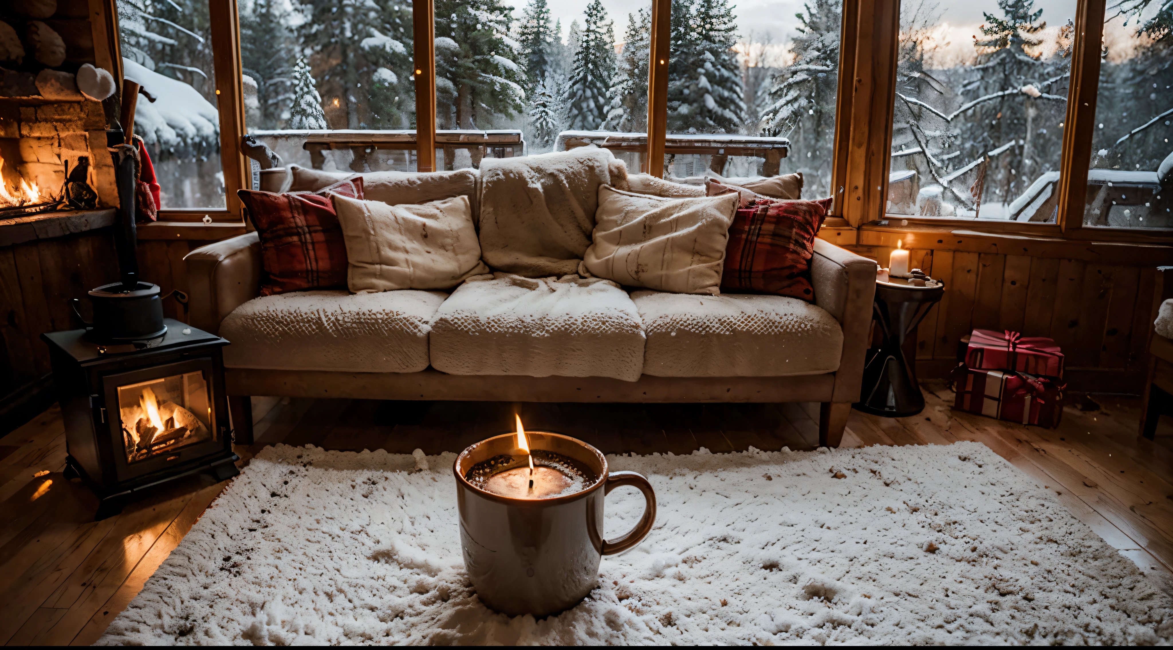 warm and cozy cabin with a fireplace, decorated with Christmas motives, candles, a hot coffee in a table, big windows and is snowing outside