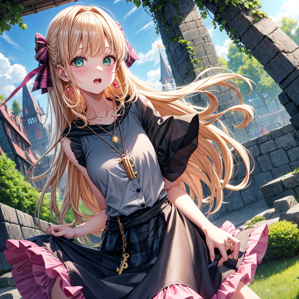 pink blonde、green eyes、one good looking girl、solo、anime、plaid mini skirt、the skirt has buttons、black camisole、black t-shirt、dress、wearing a ribbon、ribbon at waist、cloak、hood、clouds are swirling、stone slabs are piled up、one hand raised、crystal earrings、sun、teeth are visible、splash of water、vegetable garden、monster castle、ceiling、golden key、jewelry necklace、Light and shadow