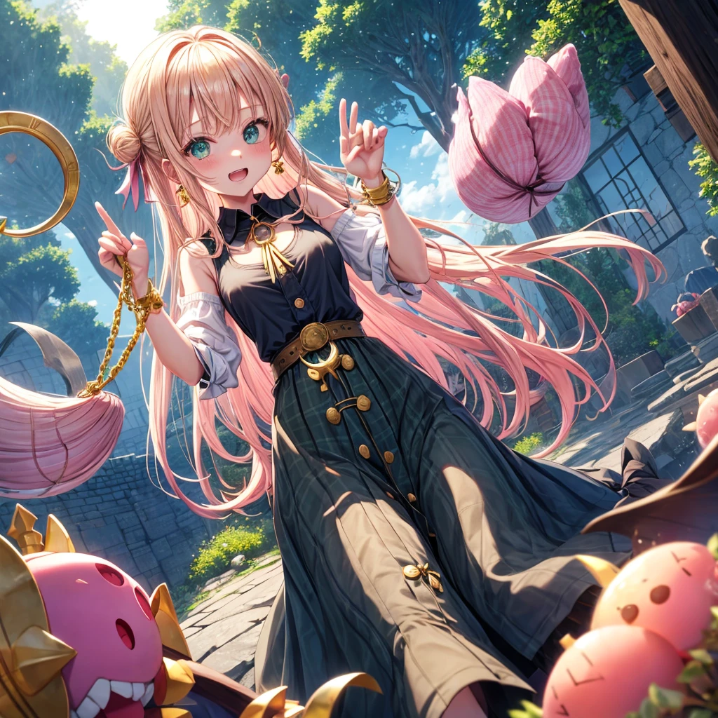 pink blonde、green eyes、one good looking girl、solo、anime、plaid mini skirt、the skirt has buttons、black camisole、black t-shirt、dress、wearing a ribbon、ribbon at waist、cloak、hood、clouds are swirling、stone slabs are piled up、one hand raised、crystal earrings、sun、teeth are visible、splash of water、vegetable garden、monster castle、ceiling、golden key、jewelry necklace、Light and shadow