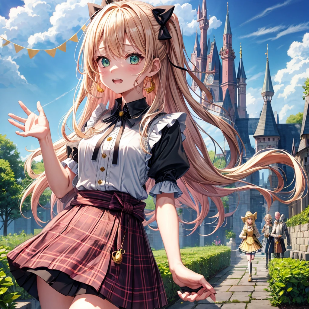 pink blonde、green eyes、one good looking girl、solo、anime、plaid mini skirt、the skirt has buttons、black camisole、black t-shirt、dress、wearing a ribbon、ribbon at waist、cloak、hood、clouds are swirling、stone slabs are piled up、one hand raised、crystal earrings、sun、teeth are visible、splash of water、vegetable garden、monster castle、ceiling、golden key、jewelry necklace、Light and shadow