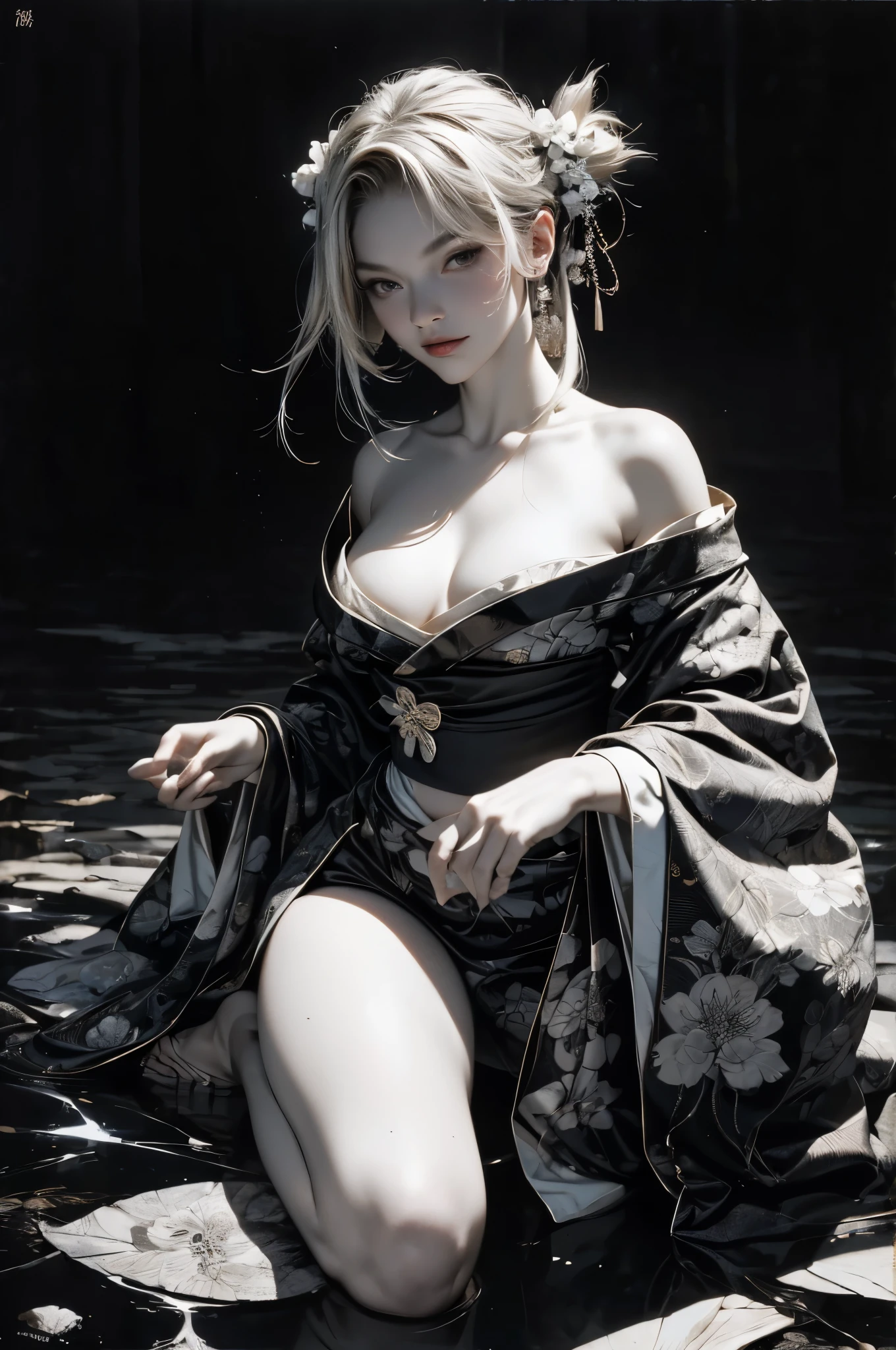 Umalinda warrior sexy, pretty face, Delicious Company, Alluring figure, Wearing a sexy open kimono. The artwork is created in a medium reminiscent of Japanese ink paintings....., 具有大胆的笔触和Monochromatic color palette. artist'Masterful technique reveals the intensity and power of the image'sense of presence,with the highest quality, Perfectly capture every detail with ultra-high resolution. Textures and intricate patterns on kimonos are rendered with extreme precision. Lighting is carefully designed,Enhance drama, Features deep shadows and subtle highlights. General, The artwork exudes elegance and power, Combining traditional Japanese aesthetics with a modern feel. Monochromatic color palette, Combine details, Create captivating and immersive experiences for your audience.