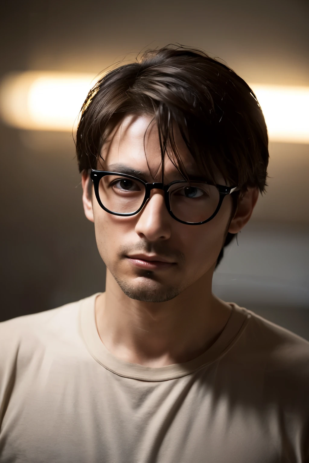 (1 male:1.6),alone,male focus,35 years old,(white skin:1.3),Glasses,[short hair],brown hair,brown eyes,beard,hair in front of face,dramatic,Takehisa_It was deleted,looking at the viewer,(highest quality:1.4),[:intricate details:0.2],masterpiece,detailed background,semi-realistic,(mood lighting:1.1),facing forward,black t-shirt,muscle,Genshin