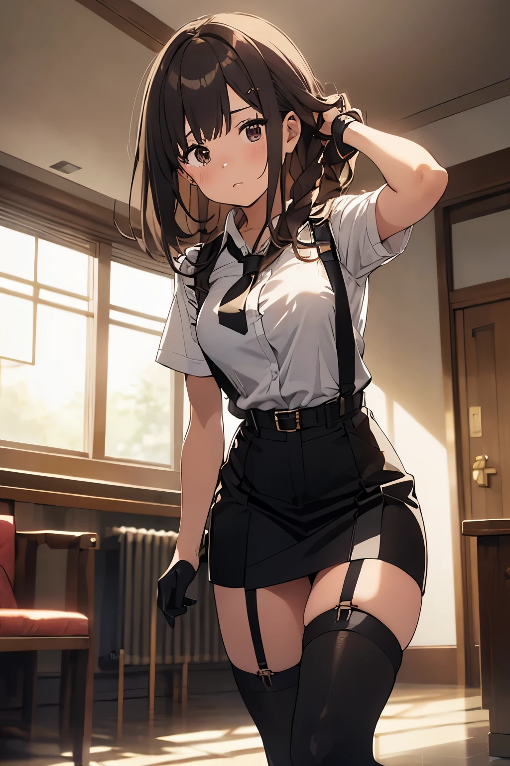 brown hair、looking at the viewer suspenders big swollen breasts black mini skirt garter belt knee high socks Aerial perspective small face bangs Beauty hands up sideways view black boots provocation one person cutter shirt hands behind put your hands behind your back Hands behind your back With your hands behind your back armed holster Belt Garter Bell Black Gloves with Holes A Hotel Room Bed wall side