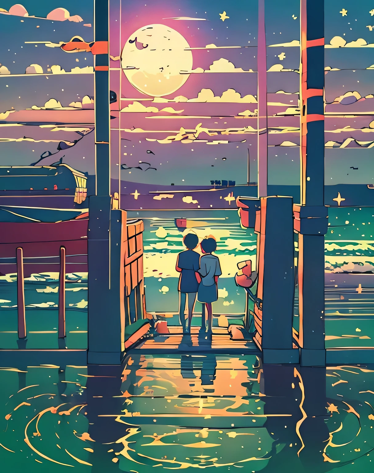 A captivating comic strip showcasing the life of an anime college student standing by the sea, each panel split in a cartoon-style format. The exceptional storyboard unfolds a masterpiece of a romantic couple under a bright starry sky. The scene is reminiscent of Makoto Shinkai's iconic style, with a touch of Pisif's concept-art. The entire composition is presented in a lofi art style, emphasizing reflection. Width 672 pixels, capturing the detailed scenery in the style of Makoto Shinkai, with enhanced detail