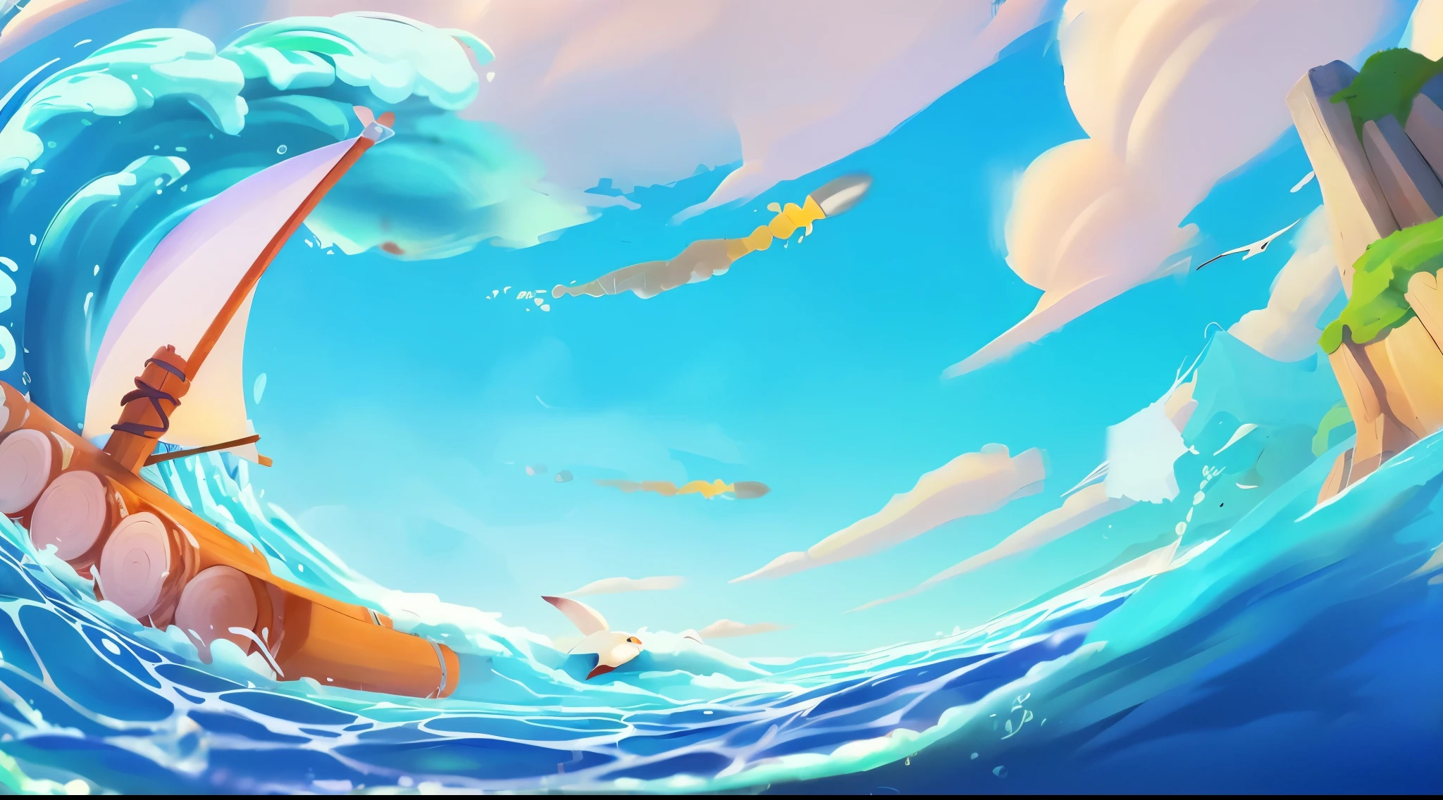 waves in the ocean, Inspired by Katsushika Hokusai, Blue sea,Wooden sailing ships,mountains in the distance,blue sky白云,endless sea,blue sky,Cute Q version scene original painting, Inspired by the ancient village of Ohara, Inspired by Yukimura Ohara, Japanese style poster, Inspired by Katsushika Hokusai, Japanese woodblock print style, katsushika Katsushika Hokusai style, Katsushika Hokusai style