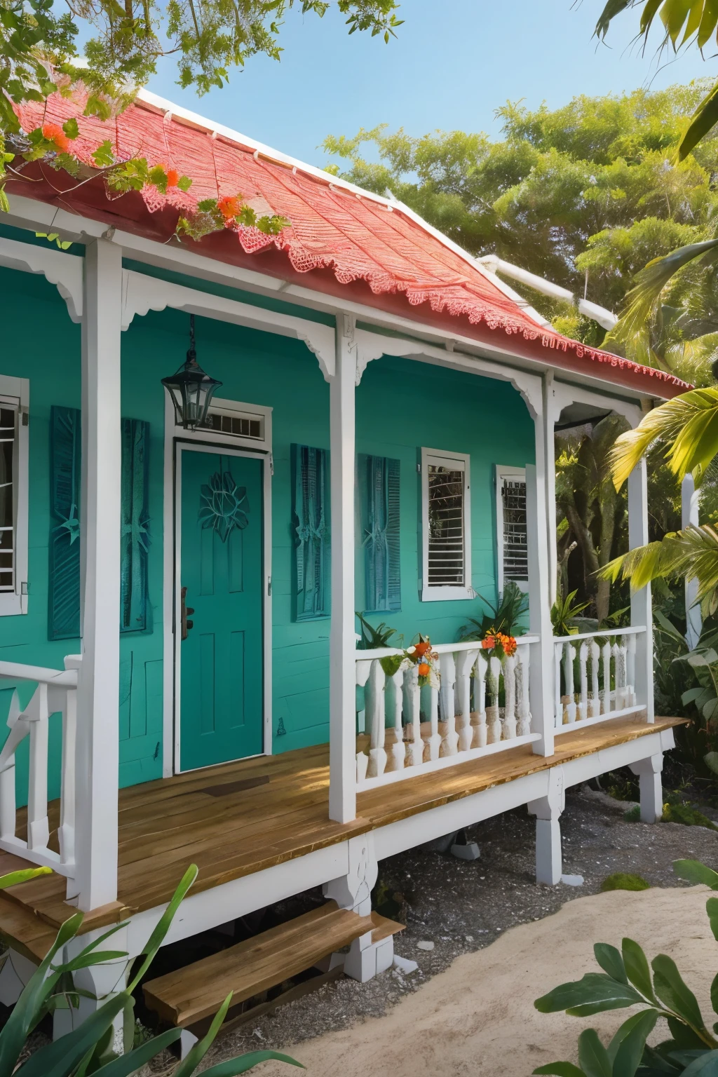 In this vibrant watercolor painting, an extreme close-up shot captures the essence of a traditional West Indies Creole white wood opened terrace. The focus is on a stunning red hammock, suspended between two sturdy posts, inviting relaxation and rejuvenation. Consistent meticulous details adorn the scene: the front door and windows boast bright green painted shutters with intricate Z-brace designs. Exotic flowers, typical of the region, add vibrant colors and a welcoming ambiance. The hut's roof is hemmed with lambrequins and lacework of wood painted pristine white. In the foreground, mango trees sway gently, providing a
