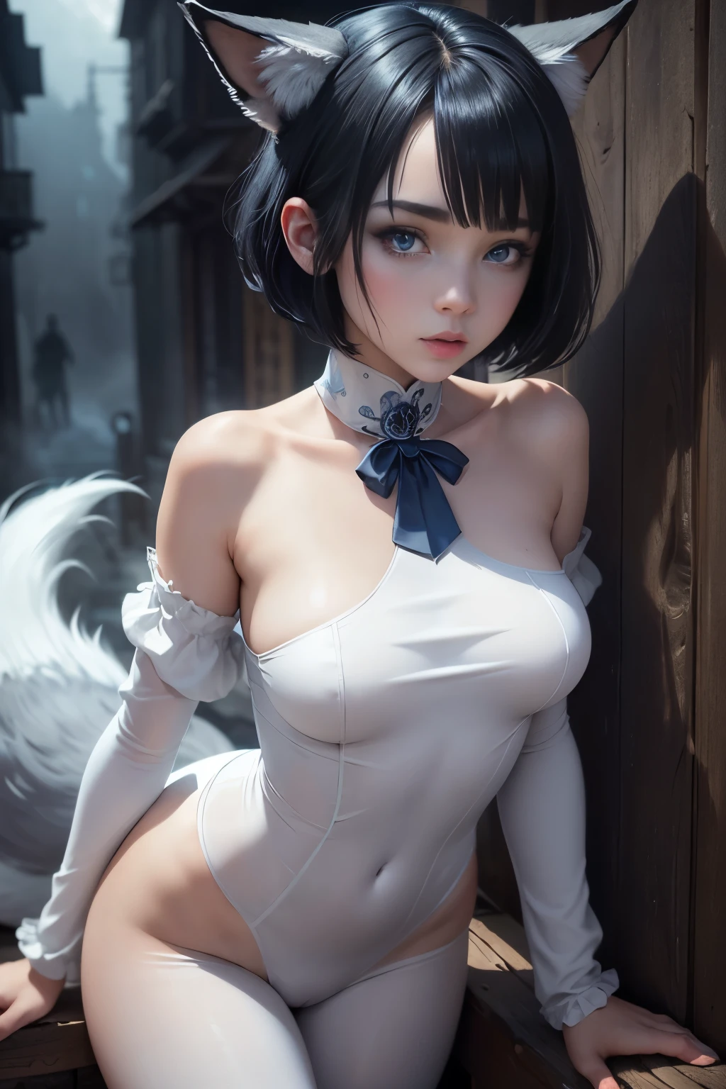 (masterpiece,best quality,ultra-detailed),1girl,short hair, black hair,(fox ears,fox tail),beautiful and detailed face, detailed eyes ,(grey and blue theme),night,fog,in the ghost town,(((ghost girl))), white skin,pale skin, white body suit