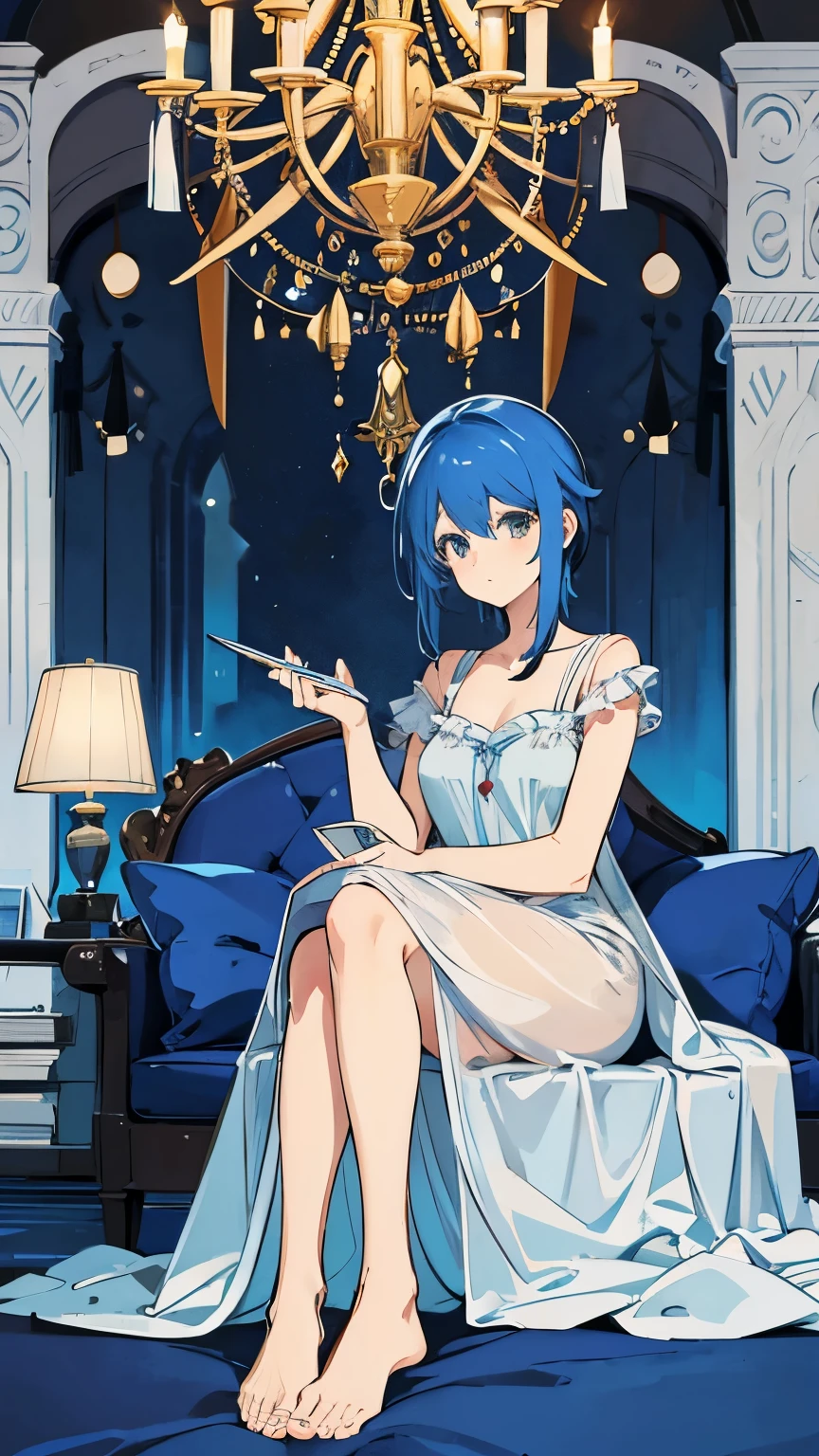 A picture of a woman with blue hair in a nightgown while sitting on the couch holding a Piace of paper, in kingdom era