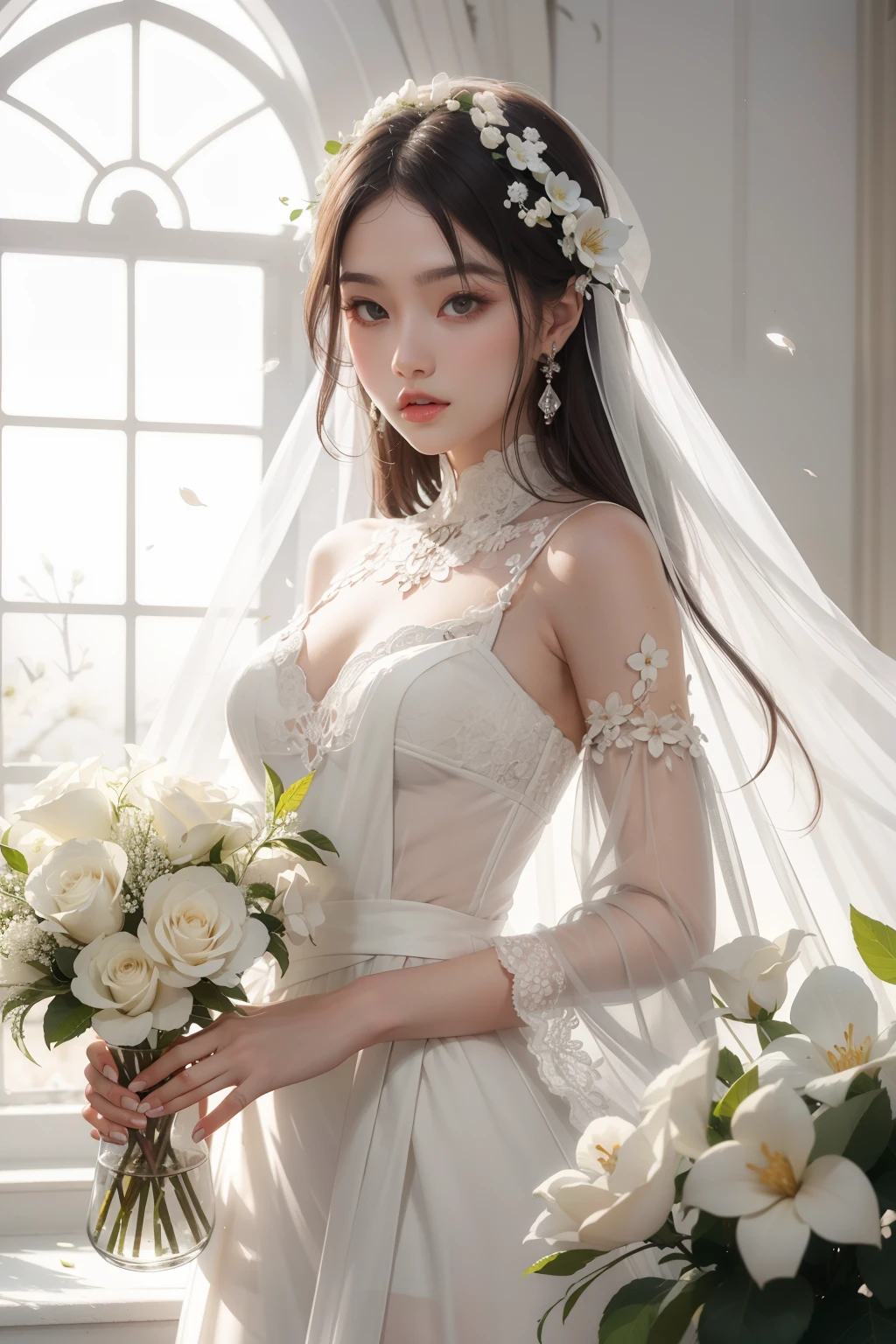 there are two white flowers that are in a glass vase, white petal, with bloom ethereal effects, white flowers, ethereal beauty, blooming effect, large opaque blossoms, soft and intricate, bloom. high fantasy, 2 0 2 2, 2022, blooming flowers, soft bloom lighting, soft white glow, flower artworks society, translucent roses ornate