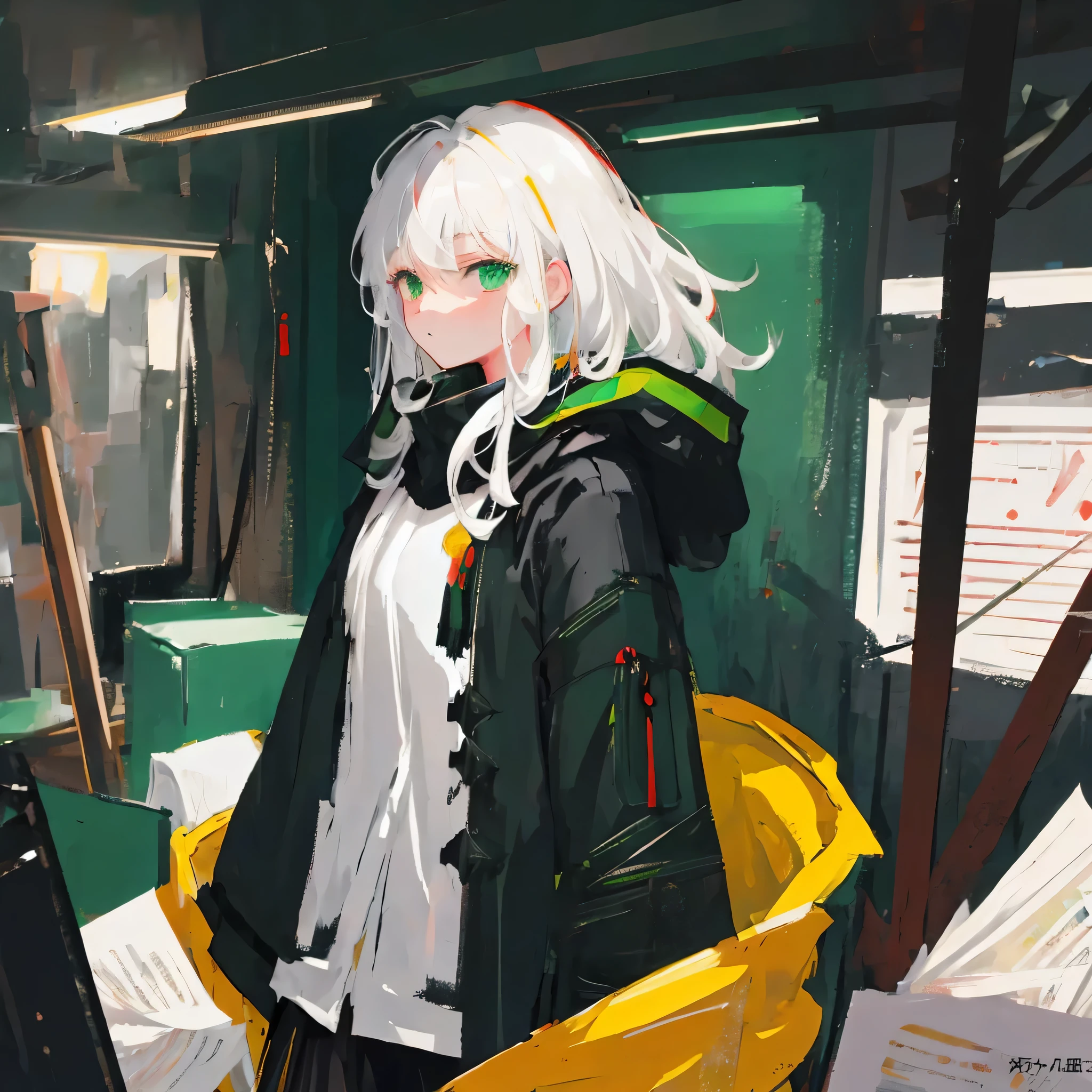 mksks style, masterpiece, best quality, ultra-detailed, illustration, upper body, 1girl, cool, white hair, medium hair, green eyes, ((black coat)), indoors, dimly lit