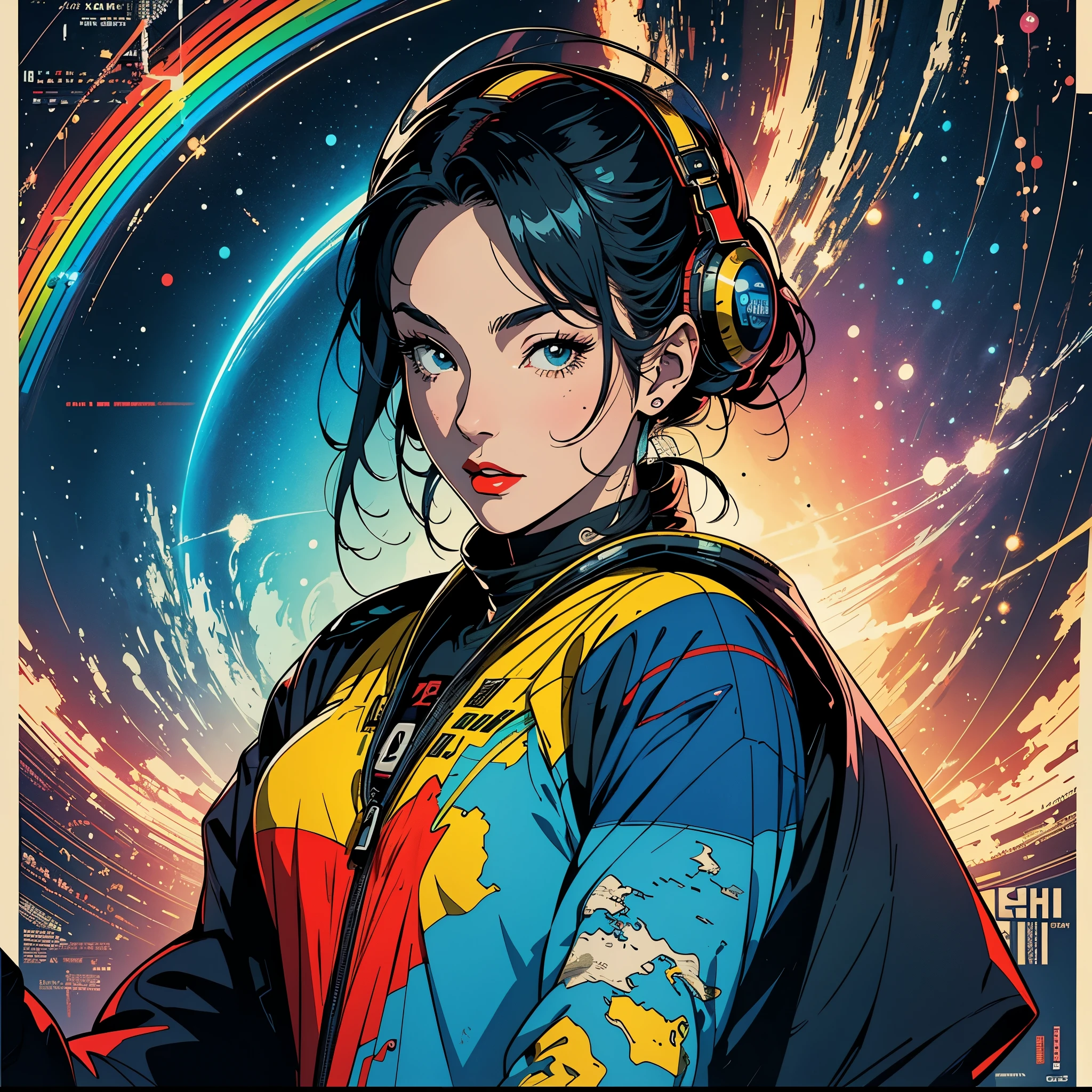 (masterpiece, highest quality), 32k,(A very detailed beautiful woman), poster,science fiction,1960s,1970s,bauhaus, shape, OK, abstract, propaganda,movie poster, vintage,retro,futuristic,anime,ultimate map,Perfect rainbow,highlight,angle from below, cyber suit,colorful