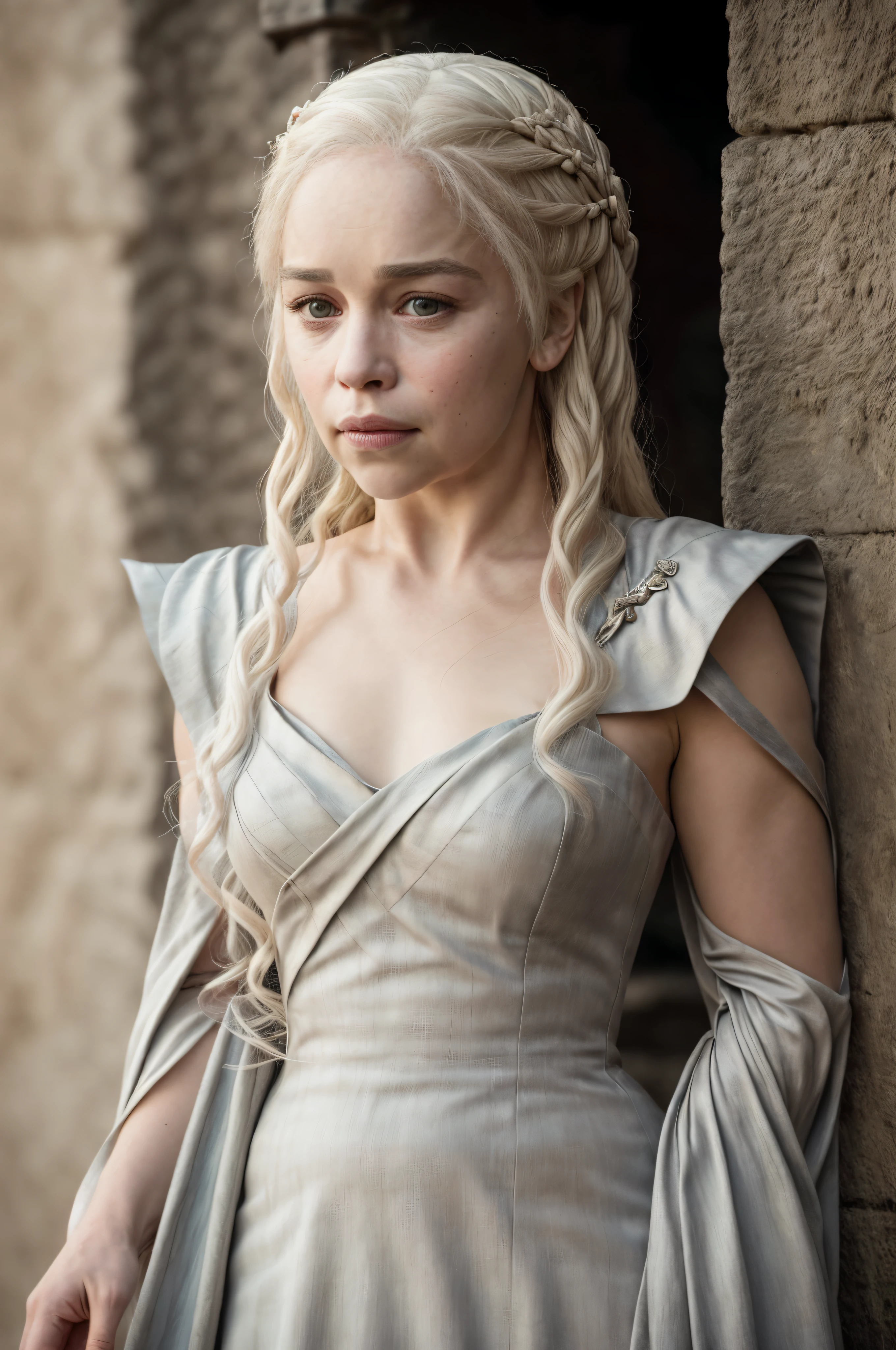 masterpiece, Daenerys Targaryen played by Emilia Clarke, stunning portrait photo of khls woman, front facing towards the camera, wearing Erotic costumes, War Costumes , sharp focus, natural lighting, subsurface scattering, f2, 35mm, film grain,
