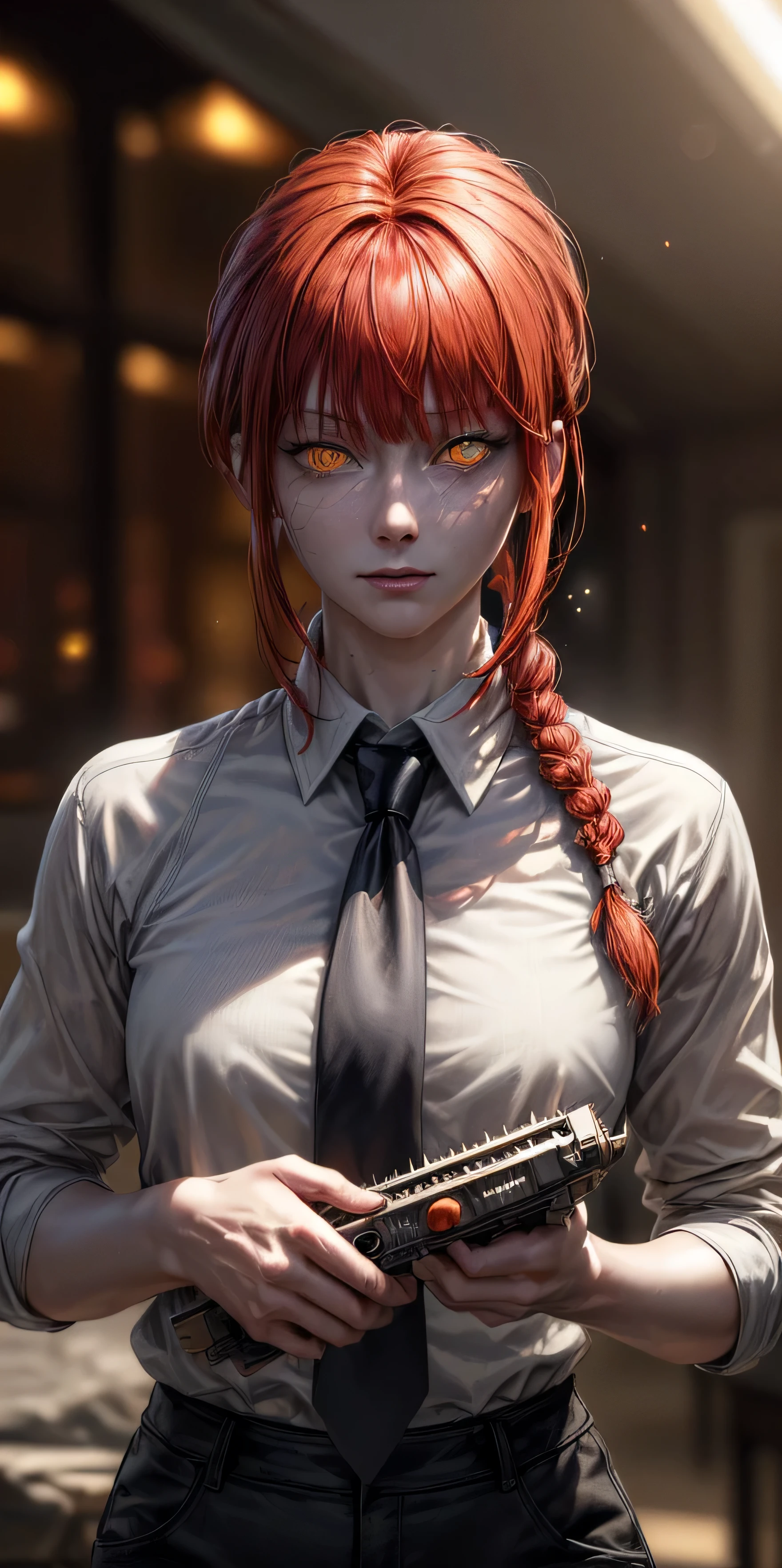 masterpiece, (photorealistic:1.4), best quality, beautiful lighting, makima \(chainsaw man\), (red hair)+(long braided hair)+(bangs), yellow eyes, golden eyes, (ringed eyes), (white shirt), (necktie),Prepare to be amazed by the astonishing level of detail in this ultra-realistic 10k high resolution artwork, where the fusion of Digital Painting, Anime Art, (masterpiece: 1.5) (photorealistic: 1.1) (bokeh) (best quality) (detailed skin texture pores hair: 1.1) (intricate) (8k) (HDR) (wallpaper) (cinematic lighting) (sharp focus )