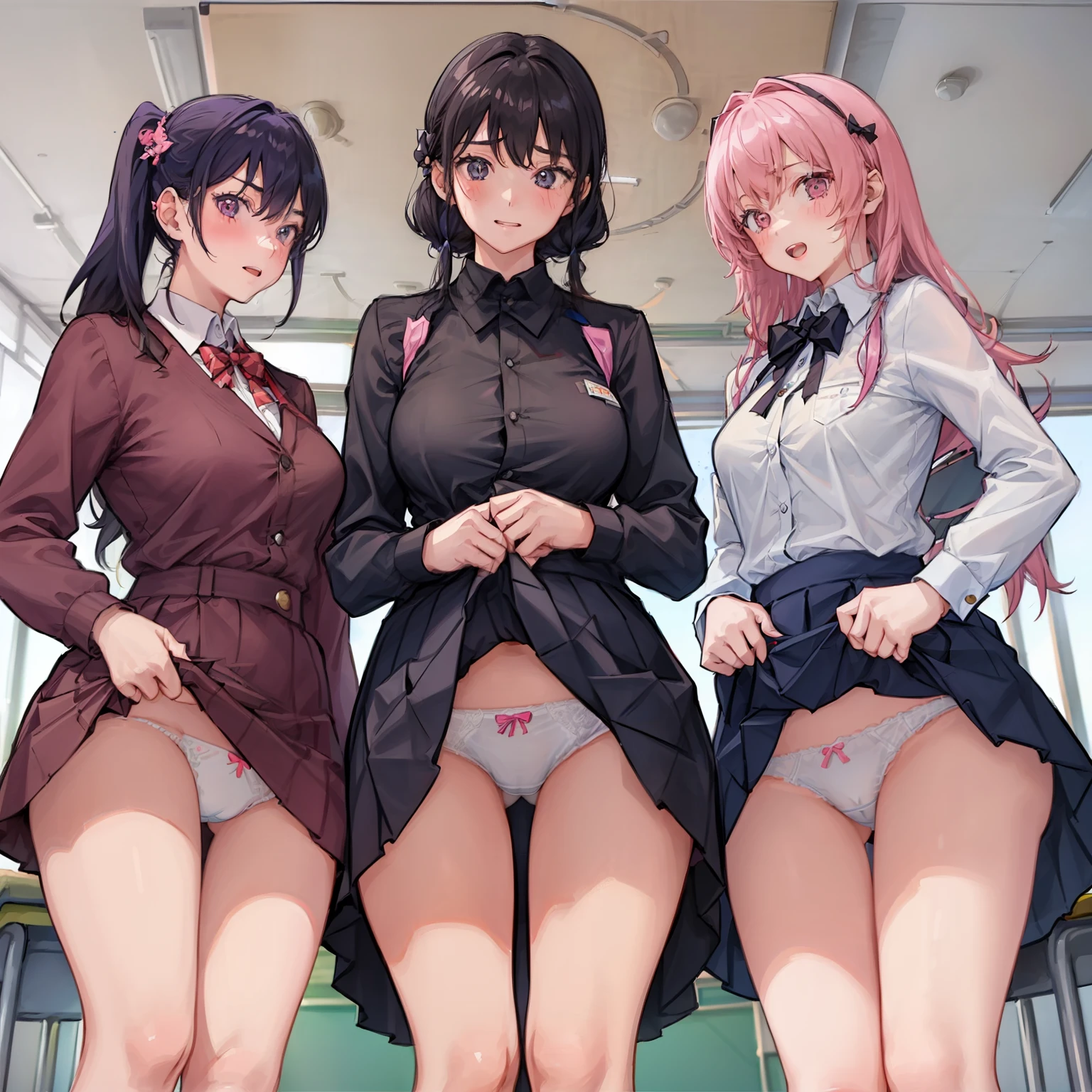 ((3 girls:1.5))、laughter、blush、shirt、のskirt、、((fun!))(small breasts)、chiralism、black hair、()、(黒いskirt:1.3)、bow, button, 襟の付いたshirt, long sleeve, マイクロskirt, プリーツskirt、(Jacket)、 skirt, socks, thighs, 白い shirt, ((classroom:1.5)),(skirtを掴む:1.5)、 (perfect hands, perfect anatomy),cowboy shot、(skirt lift:1.3),(highly detailed white panties:1.3)、(highly detailed panties:1.3)、、(skirt that rolls up:1.3)、(fully exposed panties:1.5)、