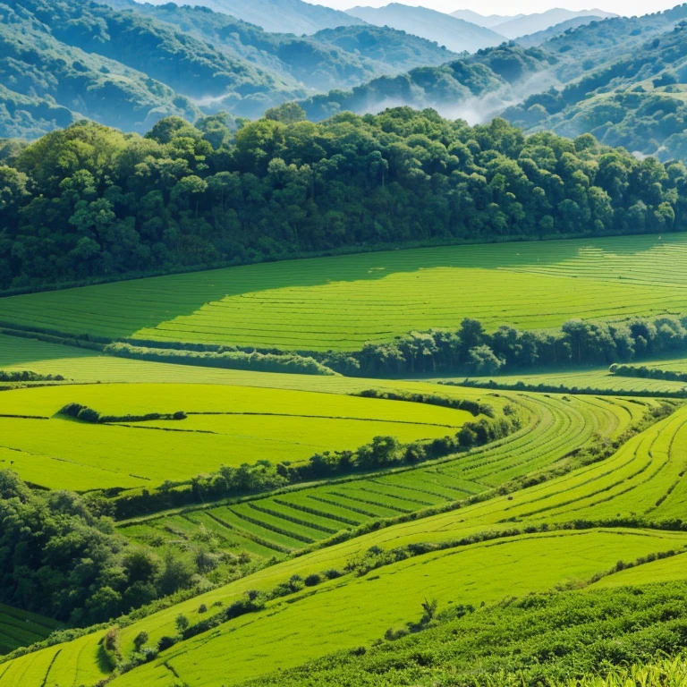 best quality,4k,8k,highres,masterpiece:1.2,ultra-detailed,realistic:1.37,rice paddy,beautiful detailed landscape,vivid colors,sparkling water reflections,lush greenery,sun-kissed fields,hazy mountains,farmland stretching into the distance,gentle breeze stirring the crops,subtle play of light and shadow,detail-rich textures,rustling of leaves in the wind,farmer working in the field,tranquil atmosphere,peaceful countryside,hills rolling in the background,serene and idyllic scenery,harvest time approaching,breathtaking natural beauty,swaying stalks of rice,harmonious composition,thoughtful use of negative space,impressive depth of field,artistic portrayal of agricultural life