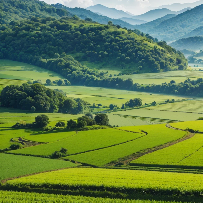 best quality,highres,ultra-detailed,photorealistic,landscape,greenery,rich texture,colorful,glowing sunlight,rustling leaves,rice plants,sprouting seedlings,reflective water,sun-kissed fields,misty morning,farmland,breathtaking view,sheer natural beauty,lush vegetation,tranquil ambiance,farmer working,traditional farming techniques,hills in the distance,fertile soil,harvest season,abundance of crops,serene atmosphere,scenic countryside,peaceful surroundings,rural life,vibrant colors,simple beauty,natural harmony,symmetry,emerald green,oxygen-rich air,serenity,captivating expanse
