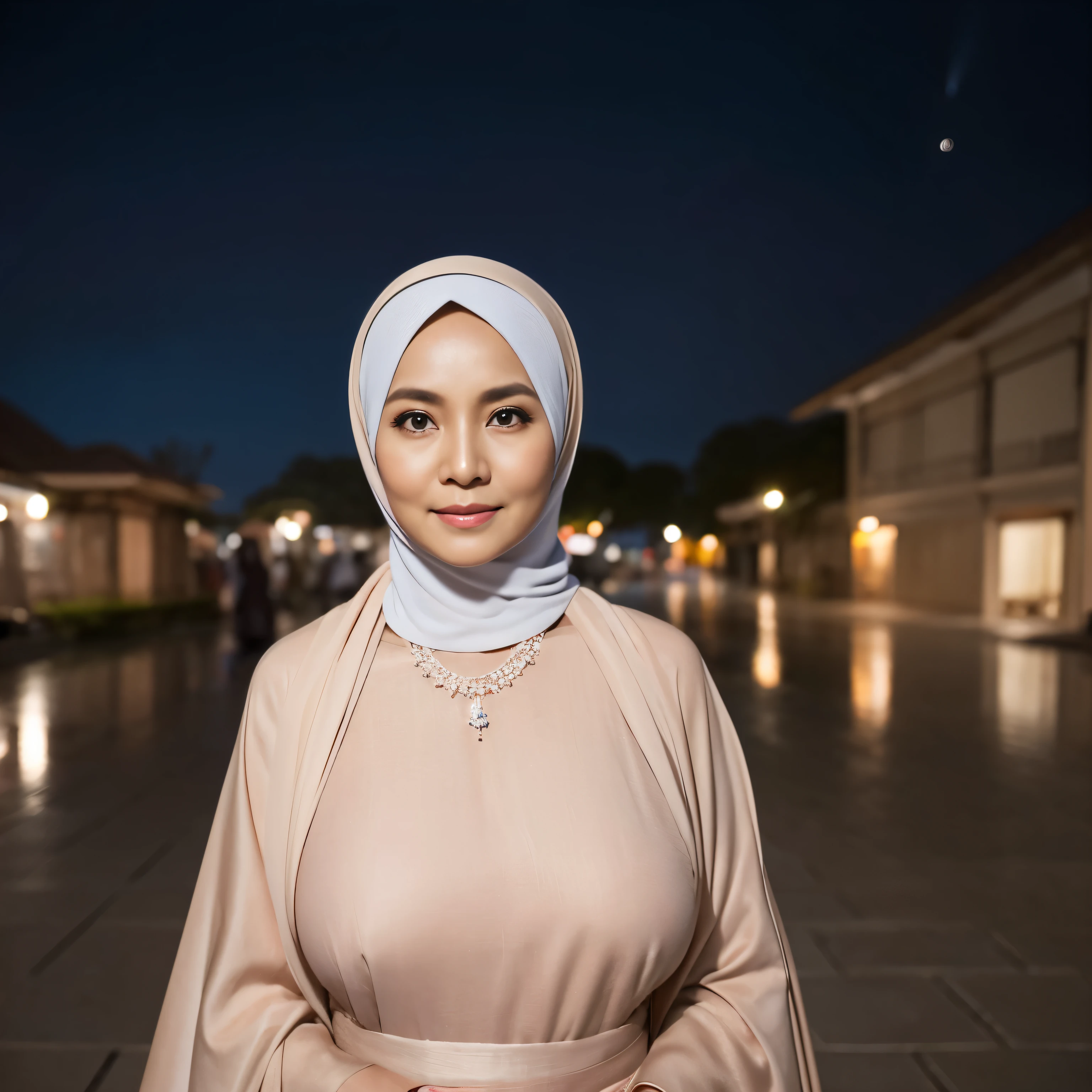 56 Years old, Indonesian mature woman, wearing Wide Hijab, perfect , natural Gigantic breast : 96.9, gorgeous eyes, Soft smile, wear a Gamis, Tight Gamis, Diamond Necklace, Breast about to burst Out, Nightime walk, Excellent Soft light, Light