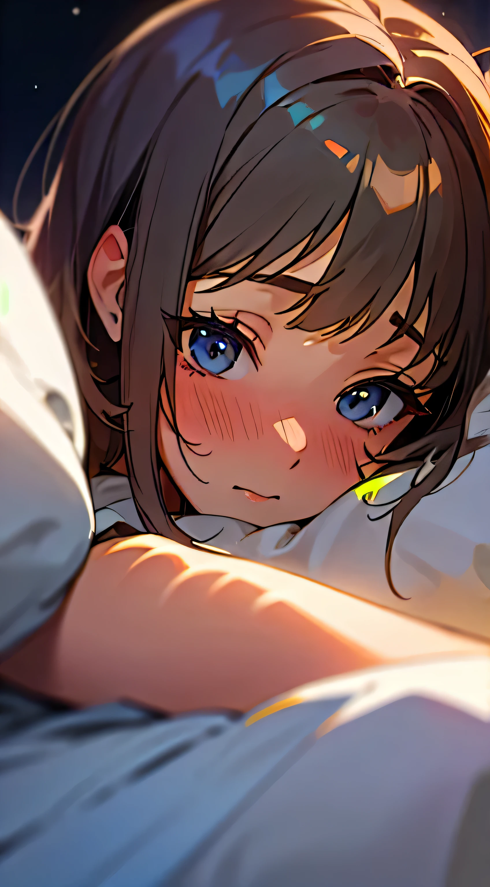 Masterpiece in Kyoto animation style, high resolution illustration, one woman, solo presentation, night sets in at midnight, long eyelashes framing her pretty face, short bob cascading on the pillow, a subtle nose blush peeks through the dim light, futon crinkles as she lies down,  and vulnerable, face close-up reveals a shy expression as she hides her chest with trembling hands, shielding her modesty in the quiet stillness of the room.