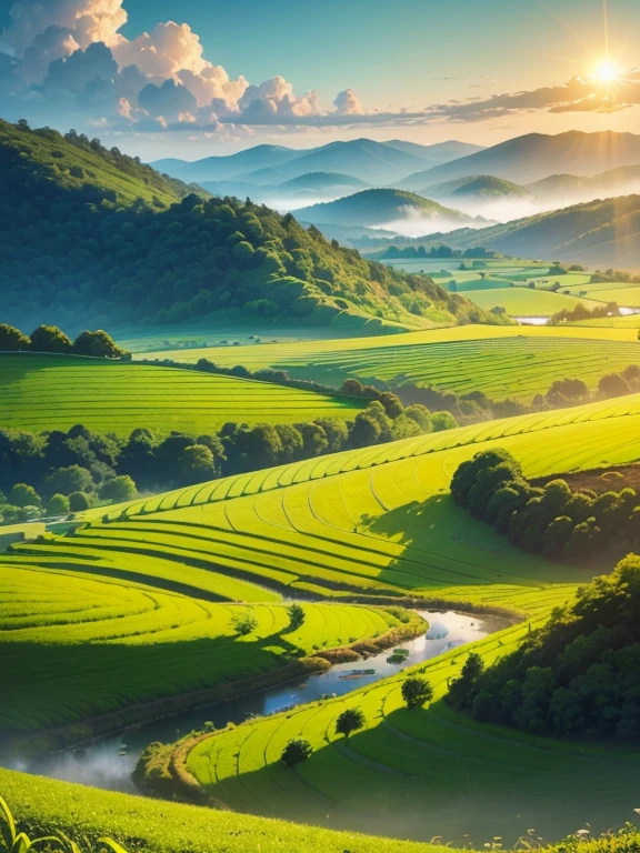 best quality,4k,8k,highres,masterpiece:1.2,ultra-detailed,realistic:1.37,rice paddy,beautiful detailed landscape,vivid colors,sparkling water reflections,lush greenery,sun-kissed fields,hazy mountains,farmland stretching into the distance,gentle breeze stirring the crops,subtle play of light and shadow,detail-rich textures,rustling of leaves in the wind,farmer working in the field,tranquil atmosphere,peaceful countryside,hills rolling in the background,serene and idyllic scenery,harvest time approaching,breathtaking natural beauty,swaying stalks of rice,harmonious composition,thoughtful use of negative space,impressive depth of field,artistic portrayal of agricultural life