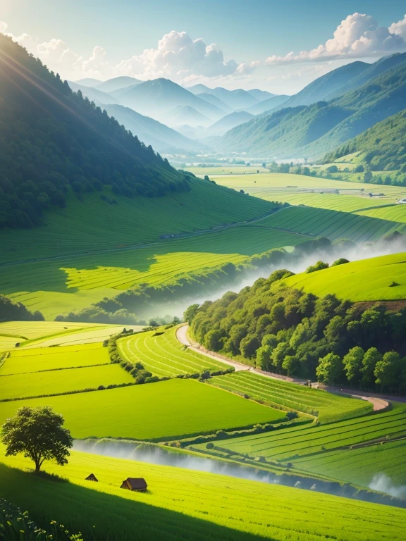 best quality,4k,8k,highres,masterpiece:1.2,ultra-detailed,realistic:1.37,rice paddy,beautiful detailed landscape,vivid colors,sparkling water reflections,lush greenery,sun-kissed fields,hazy mountains,farmland stretching into the distance,gentle breeze stirring the crops,subtle play of light and shadow,detail-rich textures,rustling of leaves in the wind,farmer working in the field,tranquil atmosphere,peaceful countryside,hills rolling in the background,serene and idyllic scenery,harvest time approaching,breathtaking natural beauty,swaying stalks of rice,harmonious composition,thoughtful use of negative space,impressive depth of field,artistic portrayal of agricultural life