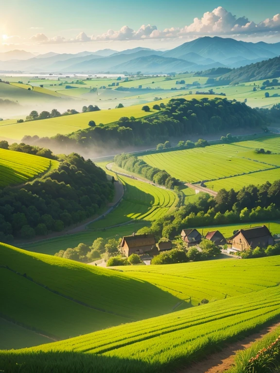 best quality,4k,8k,highres,masterpiece:1.2,ultra-detailed,realistic:1.37,rice paddy,beautiful detailed landscape,vivid colors,sparkling water reflections,lush greenery,sun-kissed fields,hazy mountains,farmland stretching into the distance,gentle breeze stirring the crops,subtle play of light and shadow,detail-rich textures,rustling of leaves in the wind,farmer working in the field,tranquil atmosphere,peaceful countryside,hills rolling in the background,serene and idyllic scenery,harvest time approaching,breathtaking natural beauty,swaying stalks of rice,harmonious composition,thoughtful use of negative space,impressive depth of field,artistic portrayal of agricultural life