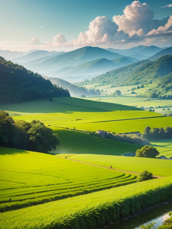 best quality,highres,ultra-detailed,photorealistic,landscape,greenery,rich texture,colorful,glowing sunlight,rustling leaves,rice plants,sprouting seedlings,reflective water,sun-kissed fields,misty morning,farmland,breathtaking view,sheer natural beauty,lush vegetation,tranquil ambiance,farmer working,traditional farming techniques,hills in the distance,fertile soil,harvest season,abundance of crops,serene atmosphere,scenic countryside,peaceful surroundings,rural life,vibrant colors,simple beauty,natural harmony,symmetry,emerald green,oxygen-rich air,serenity,captivating expanse