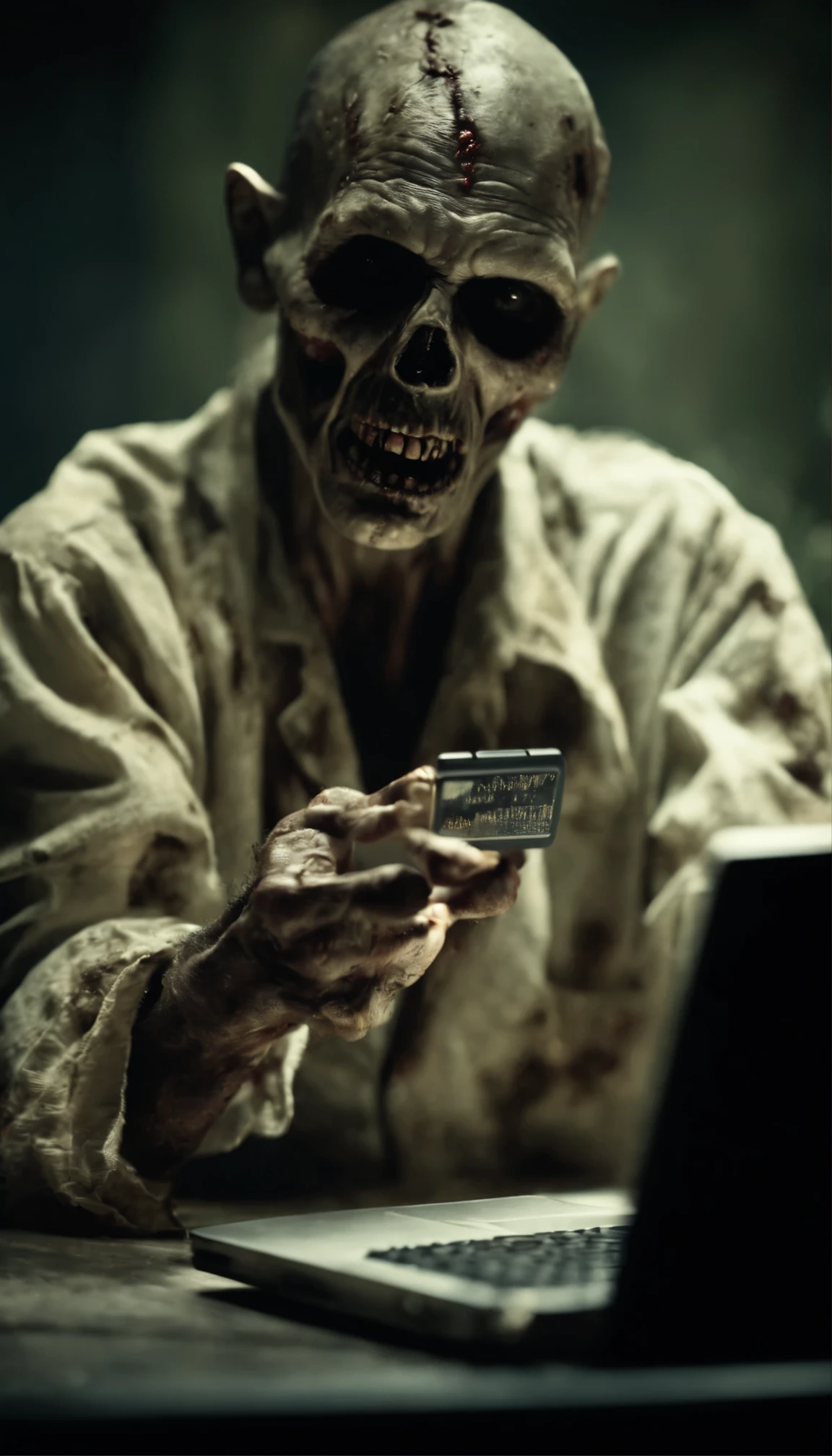 A dead scary zombie typing a message 