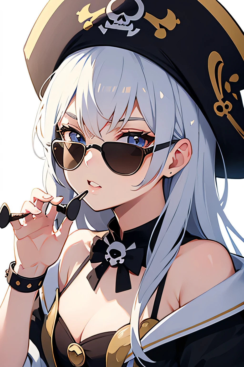 stylish design, cute lovely pirate skull, focus on the face, Stylish sunglasses, Fashionable hats, beautiful flower, highest quality