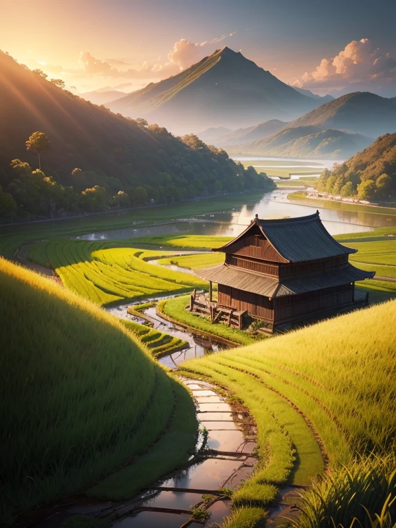 best quality,4k,8k,highres,masterpiece:1.2,ultra-detailed,realistic:1.37,rice paddy,beautiful detailed landscape,vivid colors,sparkling water reflections,lush greenery,sun-kissed fields,hazy mountains,farmland stretching into the distance,gentle breeze stirring the crops,subtle play of light and shadow,detail-rich textures,rustling of leaves in the wind,farmer working in the field,tranquil atmosphere,peaceful countryside,hills rolling in the background,serene and idyllic scenery,harvest time approaching,breathtaking natural beauty,swaying stalks of rice,harmonious composition,thoughtful use of negative space,impressive depth of field,artistic portrayal of agricultural life