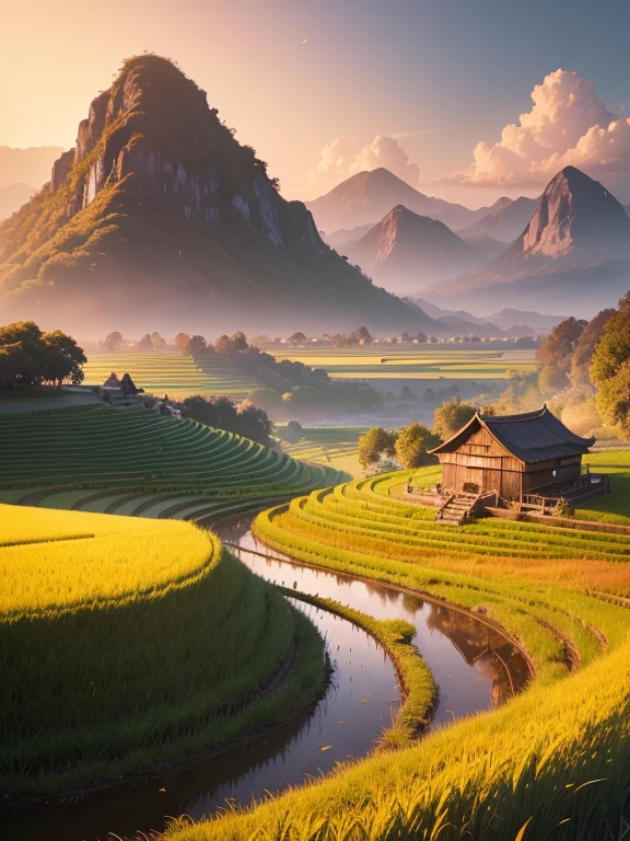 best quality,4k,8k,highres,masterpiece:1.2,ultra-detailed,realistic:1.37,rice paddy,beautiful detailed landscape,vivid colors,sparkling water reflections,lush greenery,sun-kissed fields,hazy mountains,farmland stretching into the distance,gentle breeze stirring the crops,subtle play of light and shadow,detail-rich textures,rustling of leaves in the wind,farmer working in the field,tranquil atmosphere,peaceful countryside,hills rolling in the background,serene and idyllic scenery,harvest time approaching,breathtaking natural beauty,swaying stalks of rice,harmonious composition,thoughtful use of negative space,impressive depth of field,artistic portrayal of agricultural life