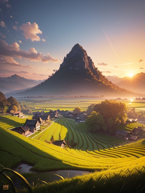Ripe Golden paddy at house terrace overlooks a Rice Paddy field with view of the mountain, mesmerizing rice paddy landscape bathed by Sunset light,((golden hour time):1.2),((Majestic Landscape):1.2),((Sunset sky at autumn):1.1),delicate golden hour light, amazing wallpapers, beautiful surroundings, optimistic matte painting, Beautiful digital artwork, Beautiful and detailed scenes, UHD underground, UHD landscape, Majestic concept art, beautiful Rice Paddy Field. |(Masterpiece in maximum 16K resolution), the best quality, (very detailed CG unity 16k wallpaper quality),(Soft colors 16k highly detailed digital art),Super Detailed. | Perfect image,16k UE5,official painting, superfine, Depth of field, no contrast, clean sharp focus, professional, No blurring. | (((More detail))).
