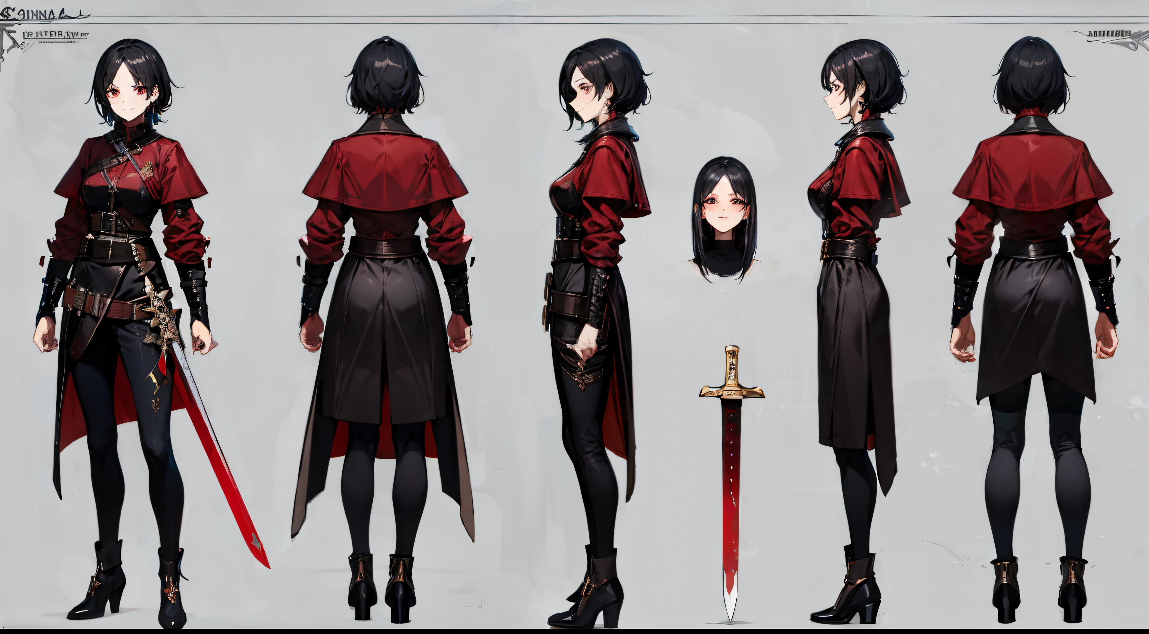 ((masterpiece)),(((best quality))),(character design sheet,same role,street frontage,side,Back),1 Monster Female Explorer,alone,short black hair,Red eyes,With a long sword in her hand,masterpiece,best quality,look around the corner,Red all over,Height 160cm,detailed,Smile,Black rope,Leather jacket,Chain as an accessory,Chatongbetalora,concept art,character concept art,character sketch,Reference table,character table,(simple Background,White Background: 1.3),Red, white, Black tones