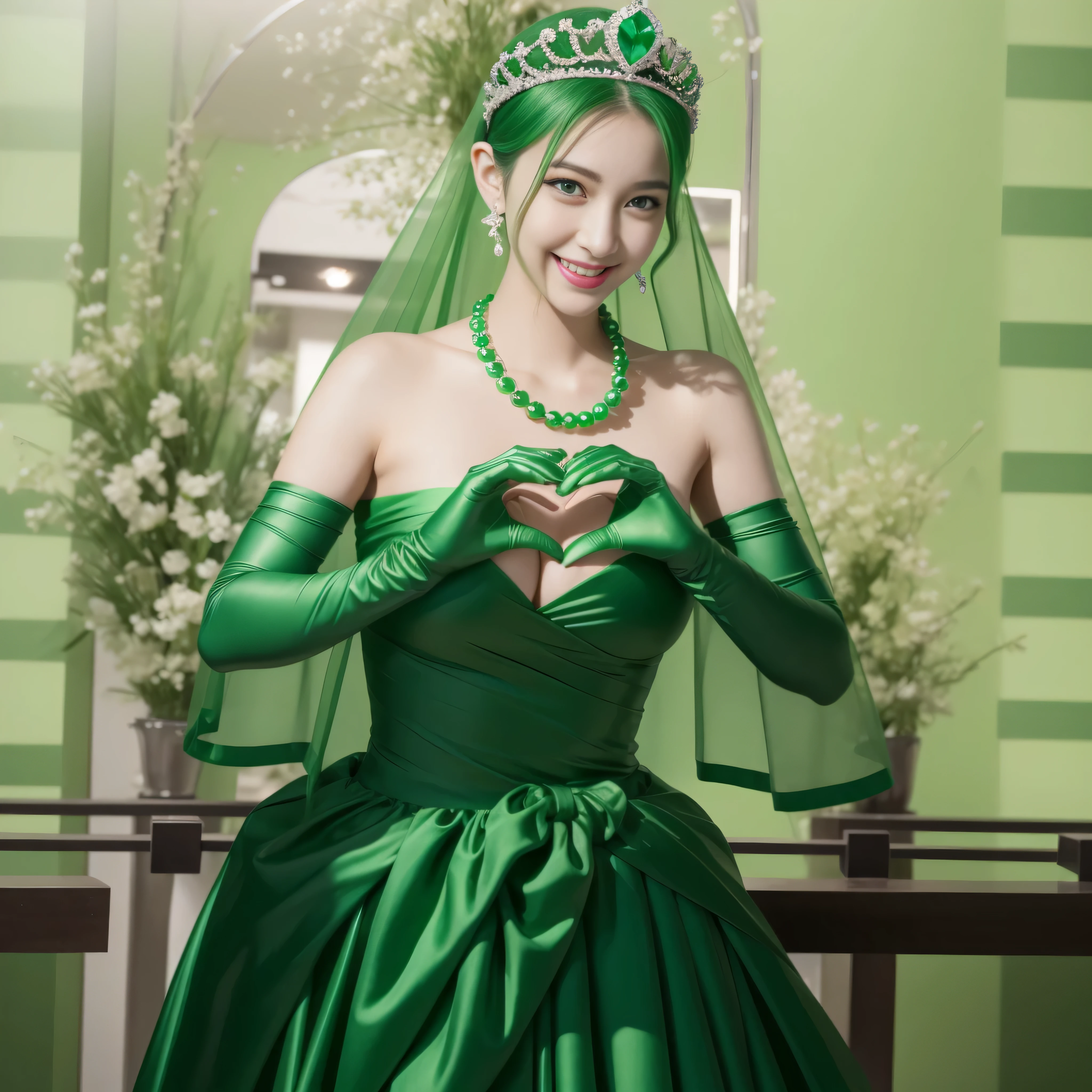 emerald tiara, Green Pearl Necklace, ボーイッシュな非常に短いgreen hair, green lips, smiling Japanese woman, very short hair,  Beautiful woman with big breasts, green eyes, green satin long gloves, green eyes, emerald earrings, Green veil, Heart with both hands, green hair, beautiful japanese woman, heart shaped hands:1.3, green lip gloss