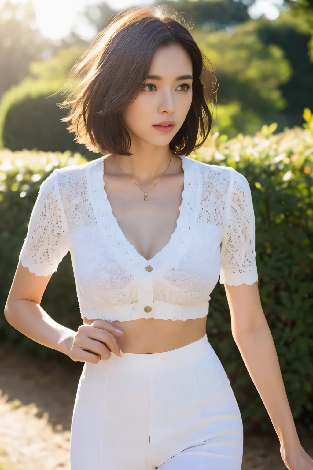 ((top-quality、8K、​masterpiece: 1.erfect Body Beauty: 1.4、Slender Abs: 1.2、Beautiful woman with slender abs:1.3、(Highlight Haircutreast B Cup:1.2), medium breast, round shape breast, perfect shape breast, ((white trouser and loose white shirt )), ((())), (((black))),  necklace, hyperdetailed face、18year old、 Pretty women、(Dark brown short-cut hair), Slim Face、Highly detailed facial and skin texture、very detailed lips、opens legs、top-quality、​masterpiece、超A high resolution、(Photorealsitic:1.4), walked forward confidently, long shot , (in park with blur background), bright background, sunset light,