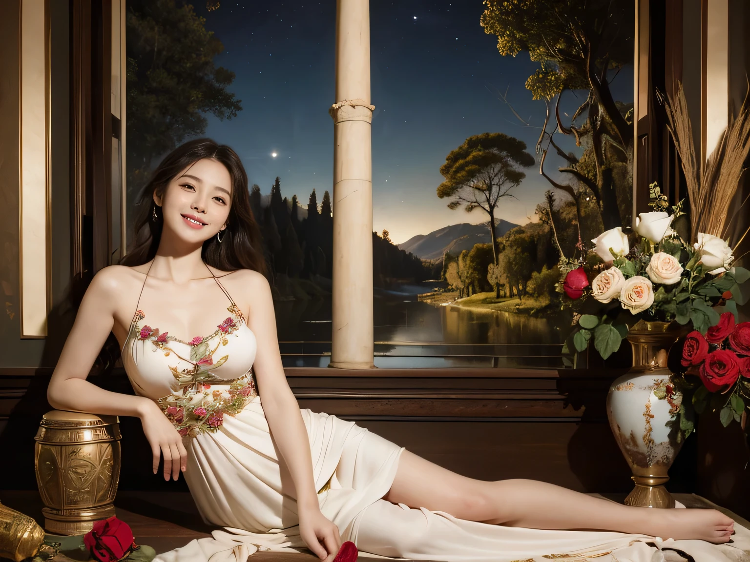 Giorgione painting style,Arguments of two female Philosophe,math、astronomical machine、astronaut、roses in vase、fruits、Cute trinkets、smile、ancient greek costume、Background is a forest lake at night 、Clothes that stretch your shoulders、A big smile、beautiful bare skin、A detailed representation of the seducing woman throughout her body.