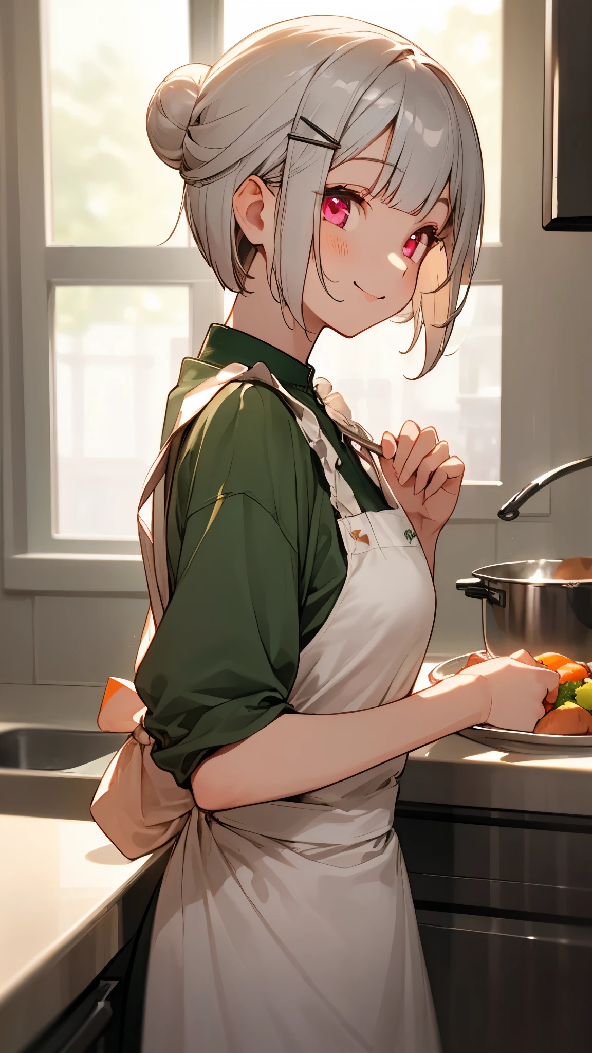 1 girl、Soft and calm colors、Gentle colors、kitchenで料理、Assortment of delicious dishes、apron、Silver short bob hair clip tied into a bun、pink eyes、From the side、smile、((kitchen))、Clothes based on green and orange、upper body close-up