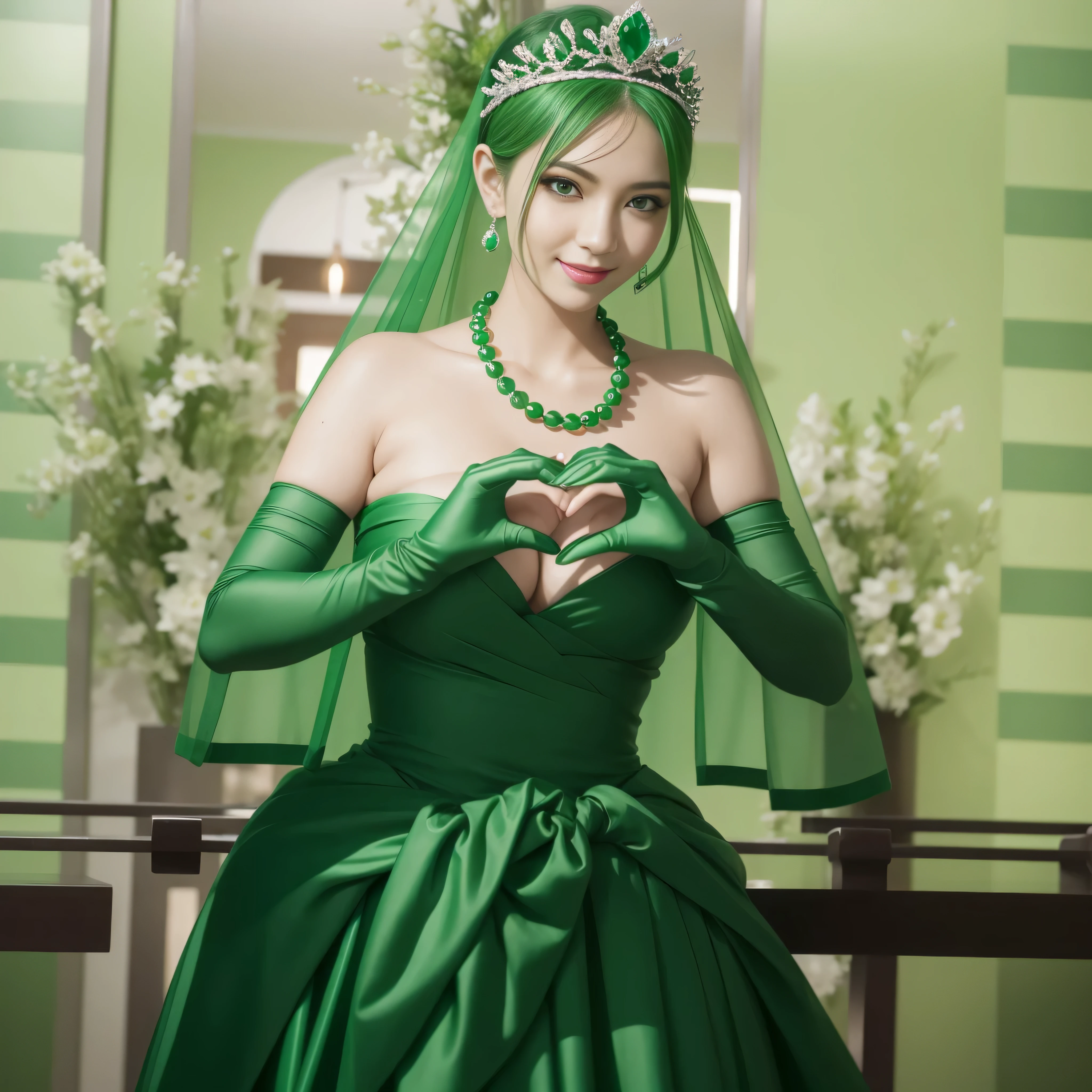 emerald tiara, Green Pearl Necklace, ボーイッシュな非常に短いgreen hair, green lips, smiling Japanese woman, very short hair, Beautiful woman with big breasts, green eyes, green satin long gloves, green eyes, emerald earrings, Green veil, Heart with both hands, green hair, beautiful japanese woman, heart shaped hands:1.3, green lip gloss