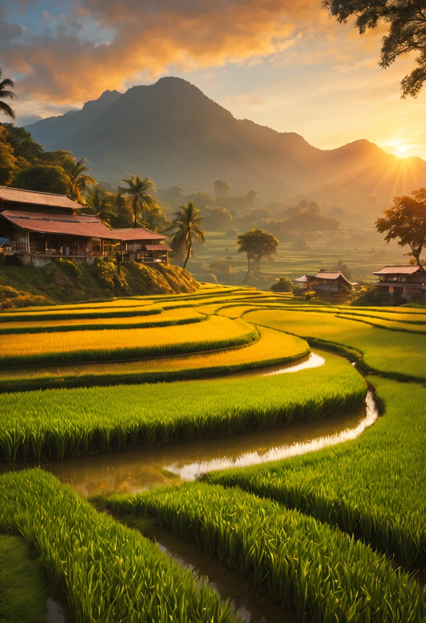 best quality,4k,8k,highres,masterpiece:1.2,ultra-detailed,realistic:1.37,rice paddy,beautiful detailed landscape,vivid colors,sparkling water reflections,lush greenery,sun-kissed fields,hazy mountains,farmland stretching into the distance,gentle breeze stirring the crops,subtle play of light and shadow,detail-rich textures,rustling of leaves in the wind,farmer working in the field,tranquil atmosphere,peaceful countryside,hills rolling in the background,serene and idyllic scenery,harvest time approaching,breathtaking natural beauty,swaying stalks of rice,harmonious composition,thoughtful use of negative space,impressive depth of field,artistic portrayal of agricultural life