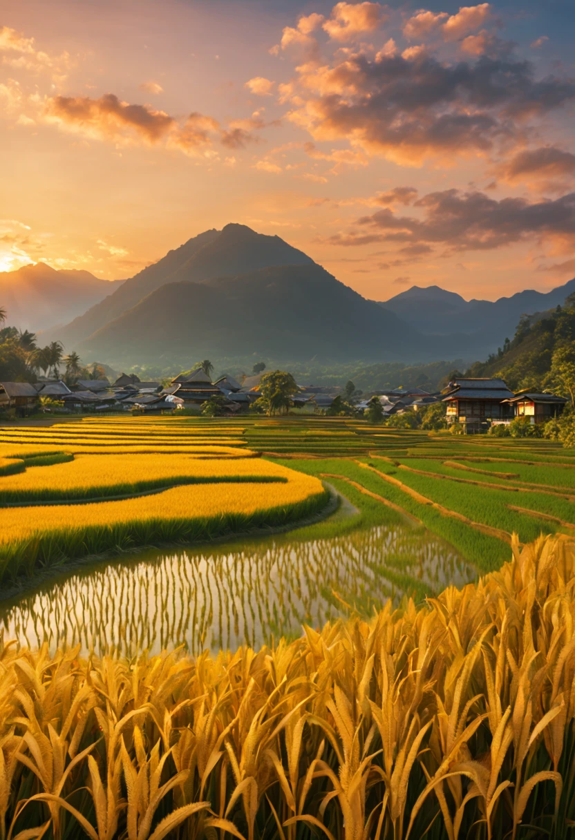 Ripe Golden paddy at house terrace overlooks a Rice Paddy field with view of the mountain, mesmerizing rice paddy landscape bathed by Sunset light,((golden hour time):1.2),((Majestic Landscape):1.2),((Sunset sky at autumn):1.1),delicate golden hour light, amazing wallpapers, beautiful surroundings, optimistic matte painting, Beautiful digital artwork, Beautiful and detailed scenes, UHD underground, UHD landscape, Majestic concept art, beautiful Rice Paddy Field. |(Masterpiece in maximum 16K resolution), the best quality, (very detailed CG unity 16k wallpaper quality),(Soft colors 16k highly detailed digital art),Super Detailed. | Perfect image,16k UE5,official painting, superfine, Depth of field, no contrast, clean sharp focus, professional, No blurring. | (((More detail))).