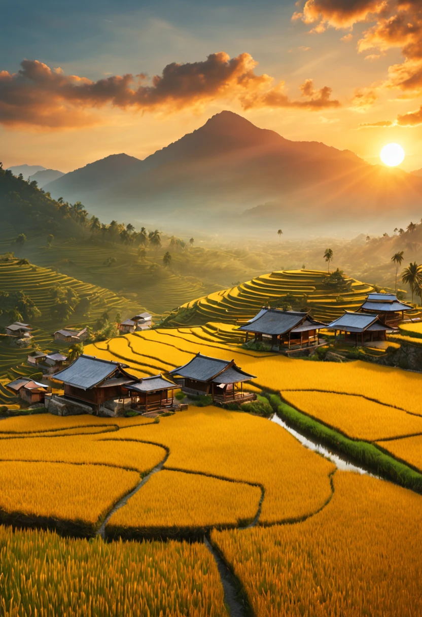 Ripe Golden paddy at house terrace overlooks a Rice Paddy field with view of the mountain, mesmerizing rice paddy landscape bathed by Sunset light,((golden hour time):1.2),((Majestic Landscape):1.2),((Sunset sky at autumn):1.1),delicate golden hour light, amazing wallpapers, beautiful surroundings, optimistic matte painting, Beautiful digital artwork, Beautiful and detailed scenes, UHD underground, UHD landscape, Majestic concept art, beautiful Rice Paddy Field. |(Masterpiece in maximum 16K resolution), the best quality, (very detailed CG unity 16k wallpaper quality),(Soft colors 16k highly detailed digital art),Super Detailed. | Perfect image,16k UE5,official painting, superfine, Depth of field, no contrast, clean sharp focus, professional, No blurring. | (((More detail))).