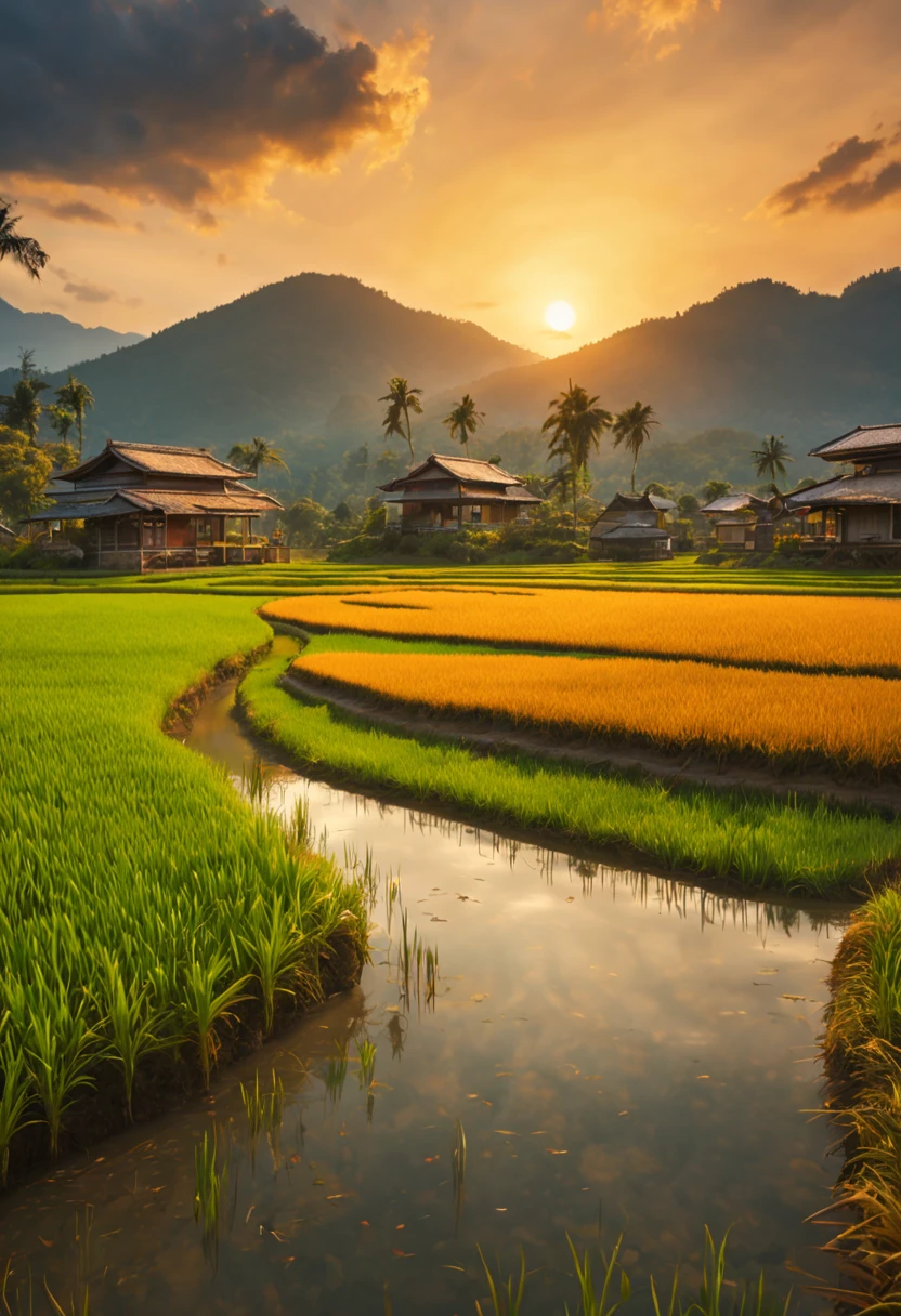 best quality,4k,8k,highres,masterpiece:1.2,ultra-detailed,realistic:1.37,rice paddy,beautiful detailed landscape,vivid colors,sparkling water reflections,lush greenery,sun-kissed fields,hazy mountains,farmland stretching into the distance,gentle breeze stirring the crops,subtle play of light and shadow,detail-rich textures,rustling of leaves in the wind,farmer working in the field,tranquil atmosphere,peaceful countryside,hills rolling in the background,serene and idyllic scenery,harvest time approaching,breathtaking natural beauty,swaying stalks of rice,harmonious composition,thoughtful use of negative space,impressive depth of field,artistic portrayal of agricultural life