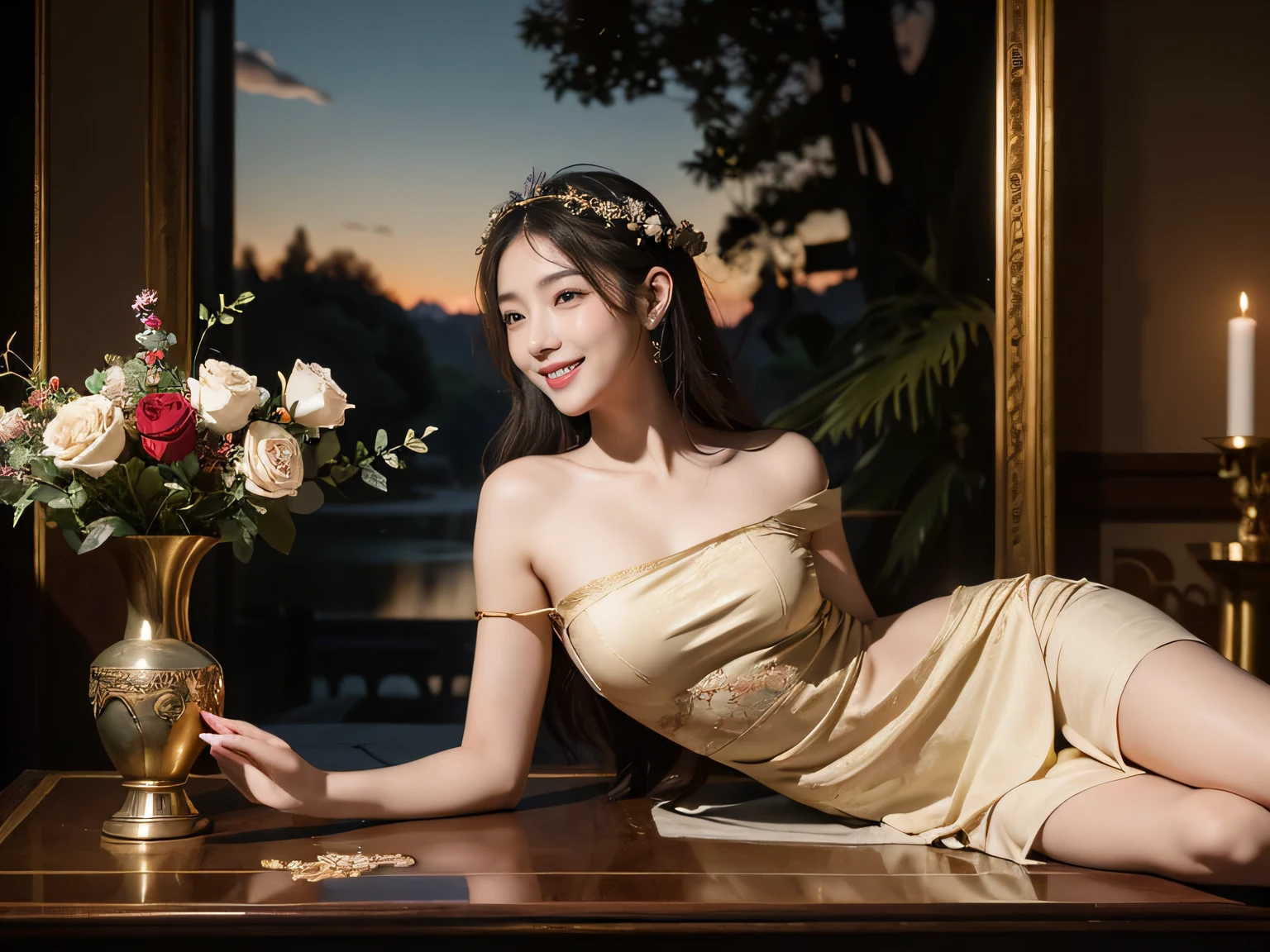 Giorgione painting style,Arguments of two female Philosophe,math、astronomical machine、astronaut、roses in vase、fruits、Cute trinkets、smile、ancient greek costume、Background is a forest lake at night 、Clothes that stretch your shoulders、A big smile、beautiful bare skin、A detailed representation of the seducing woman throughout her body.sexy,erotic smile