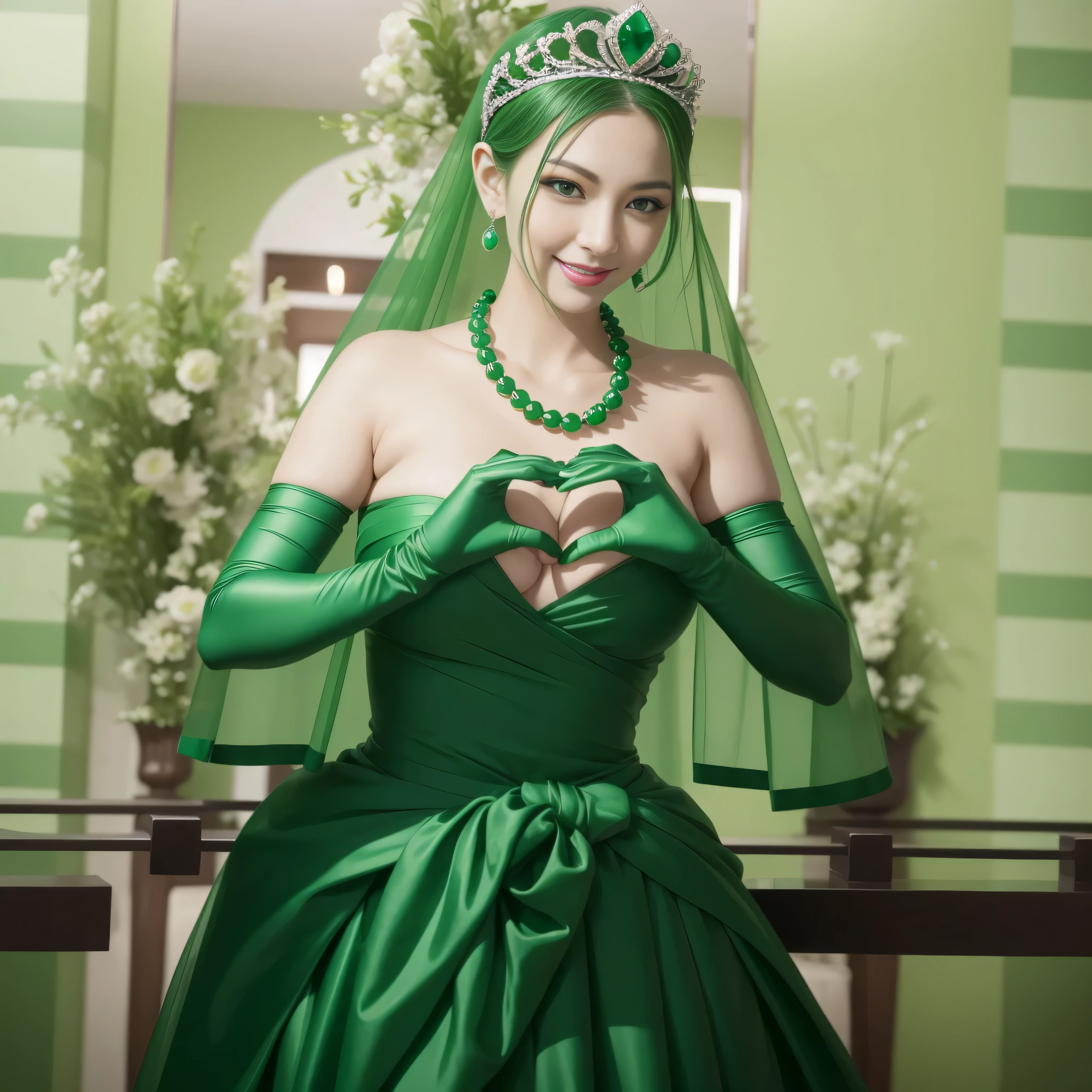 emerald tiara, Green Pearl Necklace, ボーイッシュな非常に短いgreen hair, green lips, smiling Japanese woman, very short hair, Beautiful woman with big breasts, green eyes, green satin long gloves, green eyes, emerald earrings, Green veil, Heart with both hands, green hair, beautiful japanese woman, heart shaped hands:1.3, green lip gloss