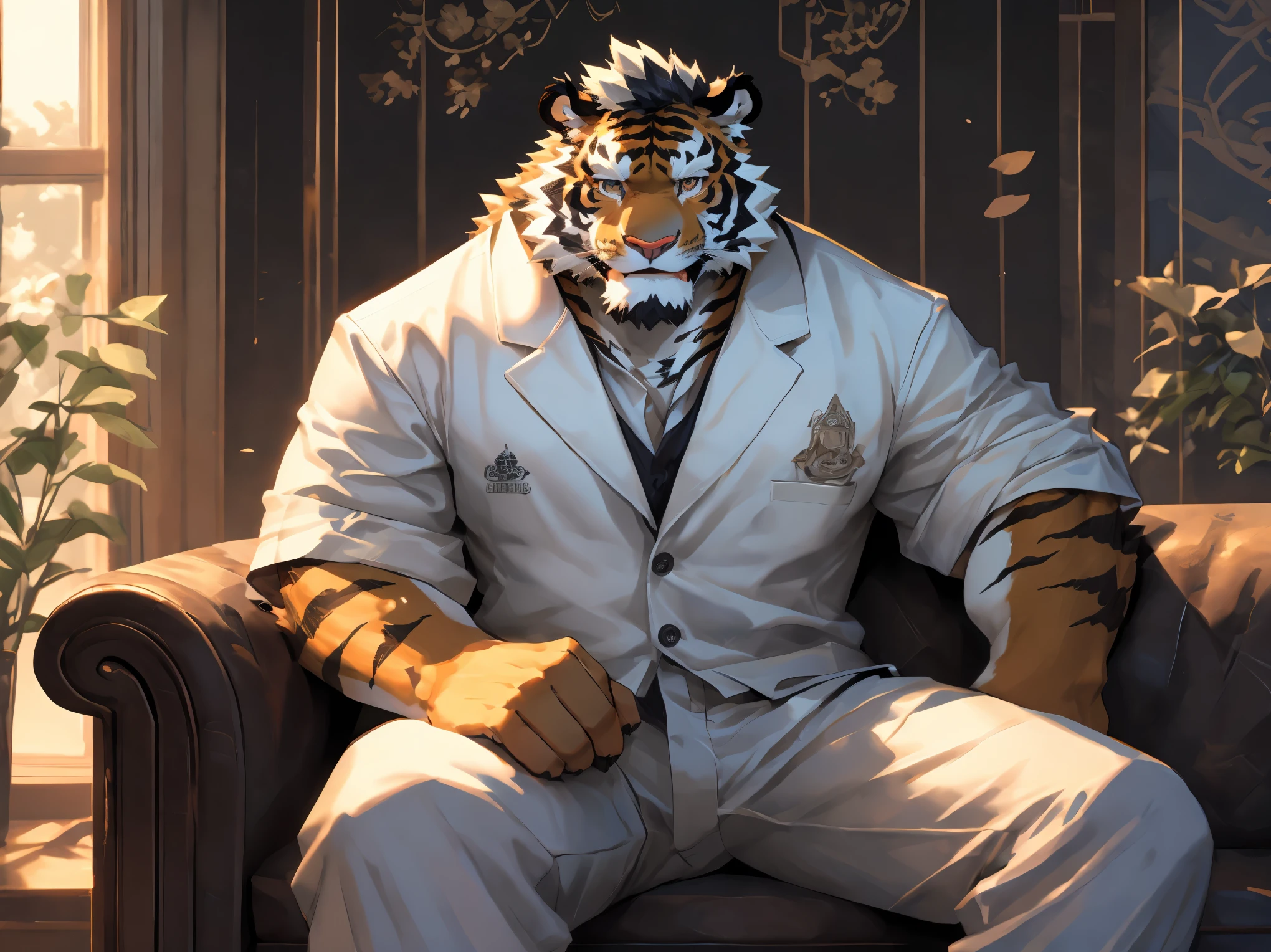 Cartoon,(disney),anime character with tiger, tiger_beast, Firmware version,high resolution committee,((tiger)), gigachad muscular, only,anthropomorphic tiger, muscular character, Kushat Konzi, super detailed!!, beefy, body committee, Full body details are very rich,16k,(Full white suit body:1.4),(The two eyes are not the same color，Pupils of different colors:1.5),HD,(colored hair,Eyebrow:1.3),(Aloof:1.5),(Sitting on the sofa:1.3),(The eyes are haughty:1.5),(dick:1.1),solo,Sitting on the sofa,(Facial detail drawing:1.5),(white tiger tail),(white face pattern),(front view),(modern decorative background:1.3),(living room:1.3),(Perfect body proportions:1.3),(back wall window;1.3),(Looking at you with a sneer),(Close up:1.2),(Half body:1.5),(Various shades),(Sneer:1.6),(middle aged:1.2),(30 years old),(8k, 4k, best quality, highres:1.1),(masterpiece),(best quality:1.2),[:intricate details:0.2],((beautiful detailed eyes)),(detailed light),depth of field,masterpiece,high quality,best quality,beautiful,perfect lighting,detailed face,detailed body,(illustration),detailed,highly 