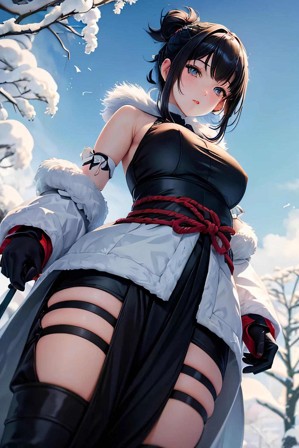 snow、female organ、pubic hair、吹snow、Beautiful Female Ninja、Black Hair Upstyle、((whole body))、(((photo taken from below)))、snowの原野