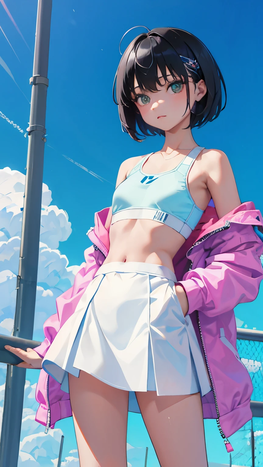 (short cute girl, young studeg delicate girl),(masterpiece,Top quality),Pastel hoodies,sports bra,black hair