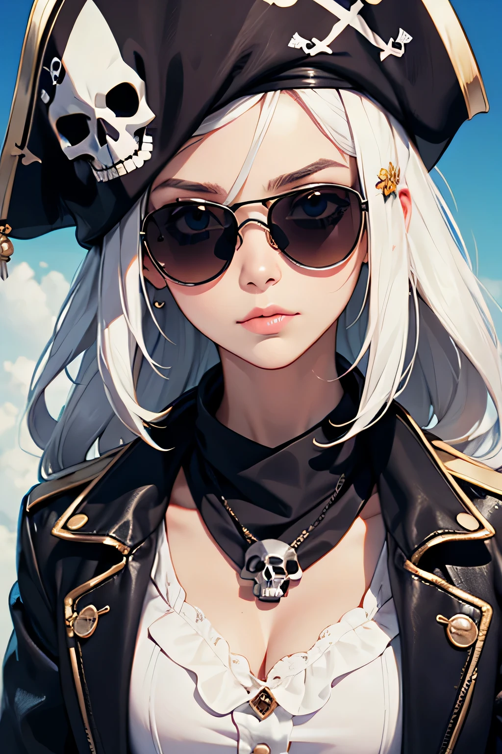 stylish design, cute lovely pirate skull, focus on the face, Stylish sunglasses, Fashionable hats, beautiful flower, highest quality