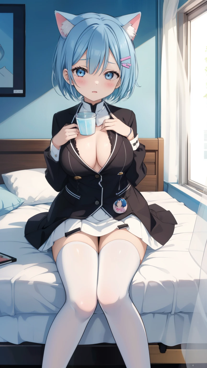 Also:zero's Alsom、light blue hair、short hair、table top、High resolution、many girls multiple girls、large crowd、lots of cute girls、big and full breasts、naughty body、See-through、throw、、whole body、Are standing、Look up at me、confused face、blush、embarrassing、Excited、white breath、black pantyhose、female shape'Private parts are clearly visible、I can see your nipples、white skirt、micro mini skirt、very short skirt、hospital、hospital room、Many people々々々々、in the crowd、bare chest、show your chest、Upper grade、A lot of milk comes out from the nipples、Breast milk gushes from the nipple、white nurse uniform、cat ears nurse uniform、white one-piece nurse uniform、Bangs that cover one eye、pink hairpin、sit on bed、white sandals、white pantyhose、open your legs、open thighs