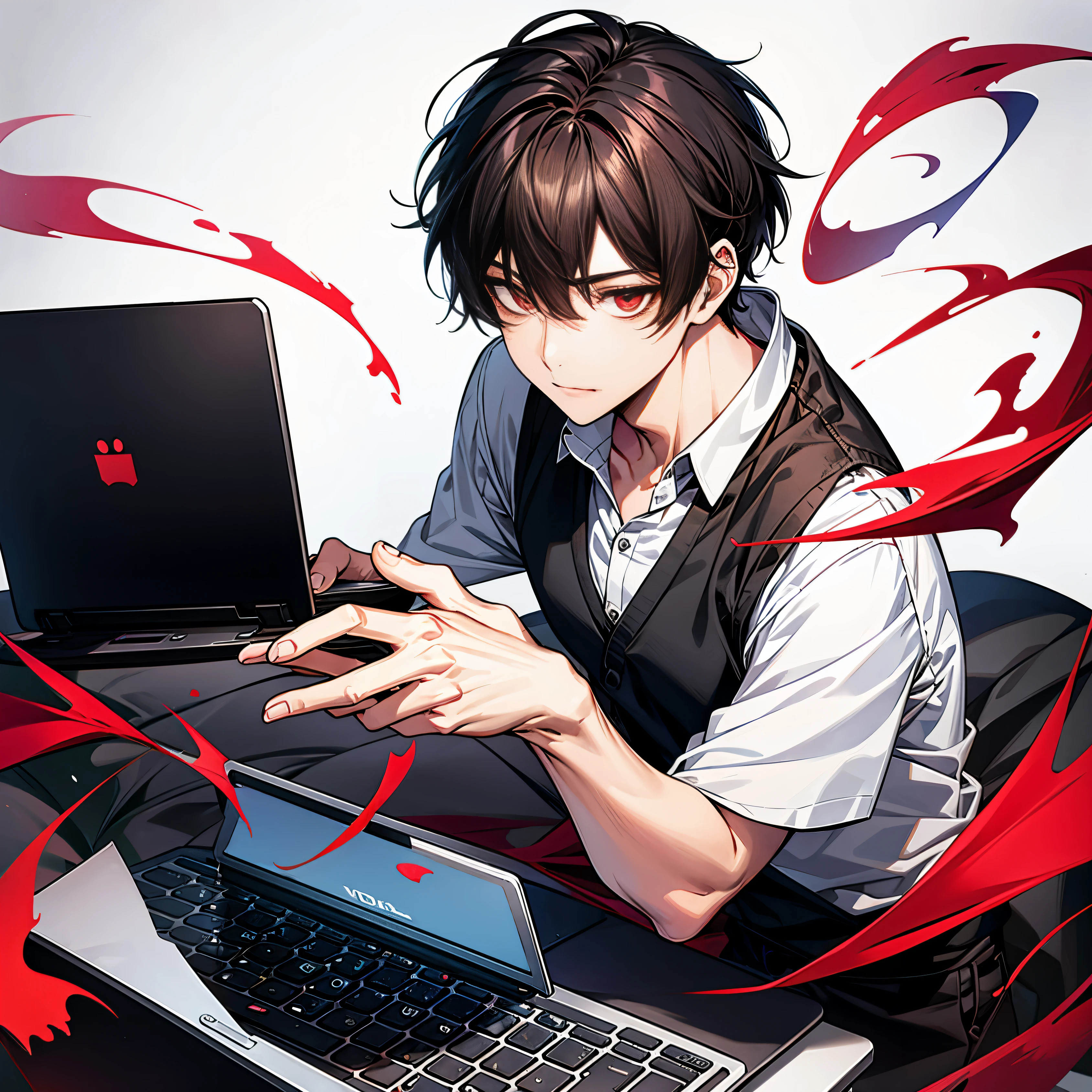 boy with dark hair and red eyes playing with his laptop