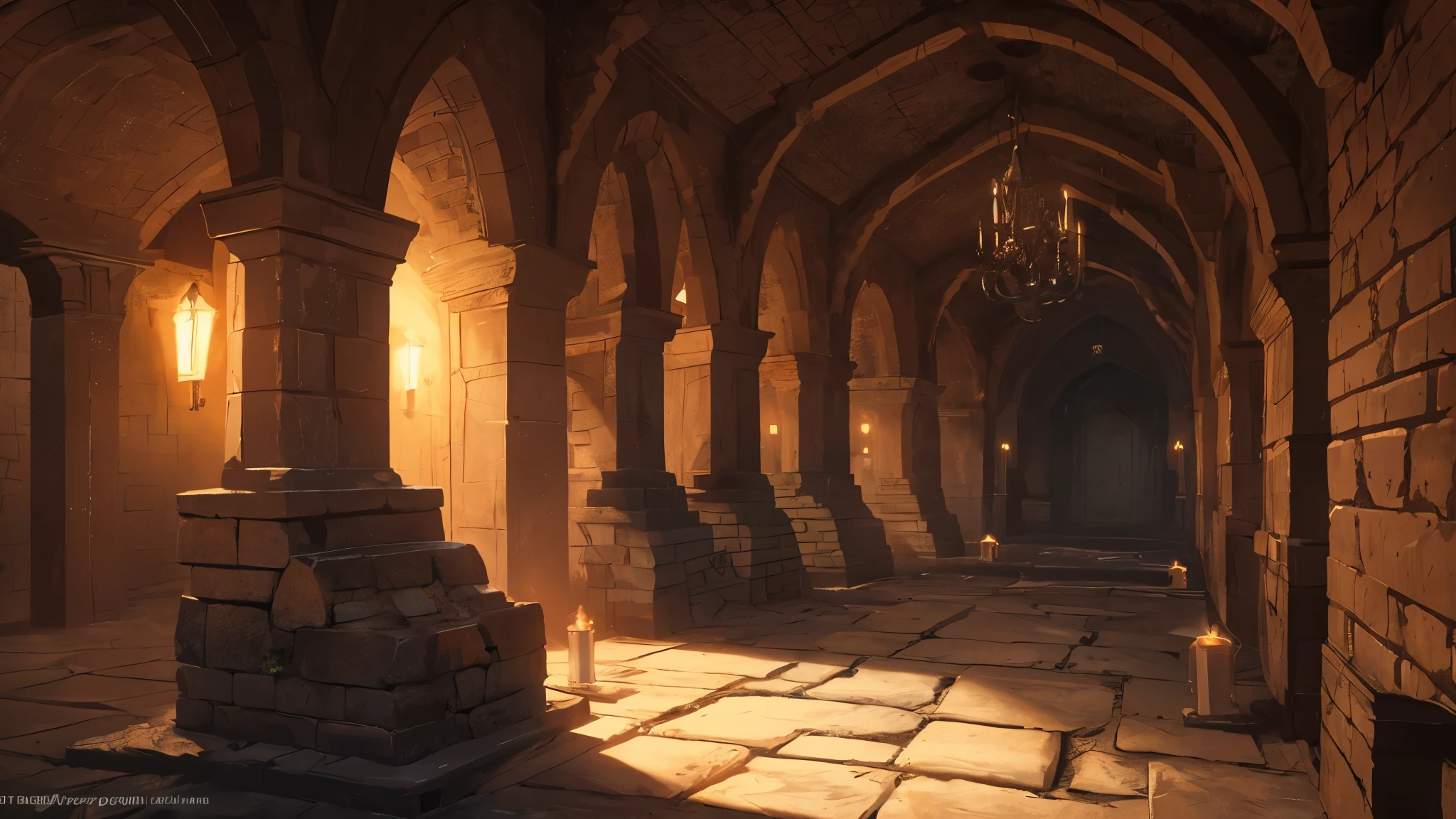 Horrible scary crypt, some torches, Stone walls, old red mat on palu, coffins in the corners, дарк fantasy, narrow walls, corridor, 16K quality, super cool quality, dnd, fantasy, Middle Ages